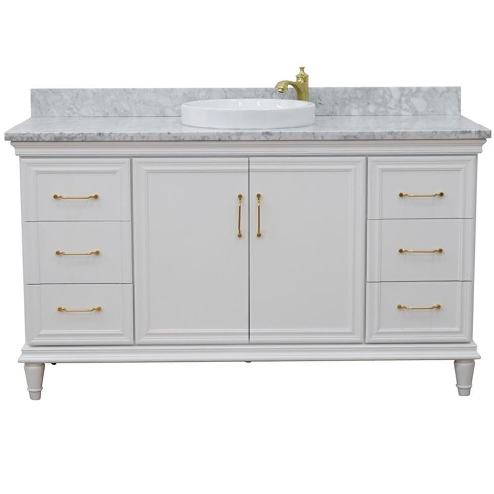 61 in. Single Wooden Vanity White with White Carrara Round Sink