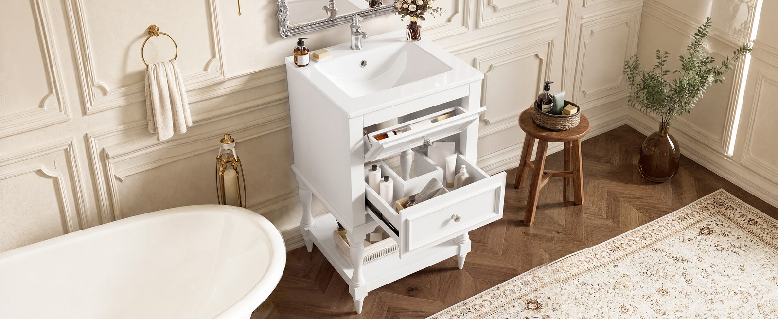 20″ Bathroom Vanity with Ceramic Sink, 2 Drawers & Open Shelf, Retro Design