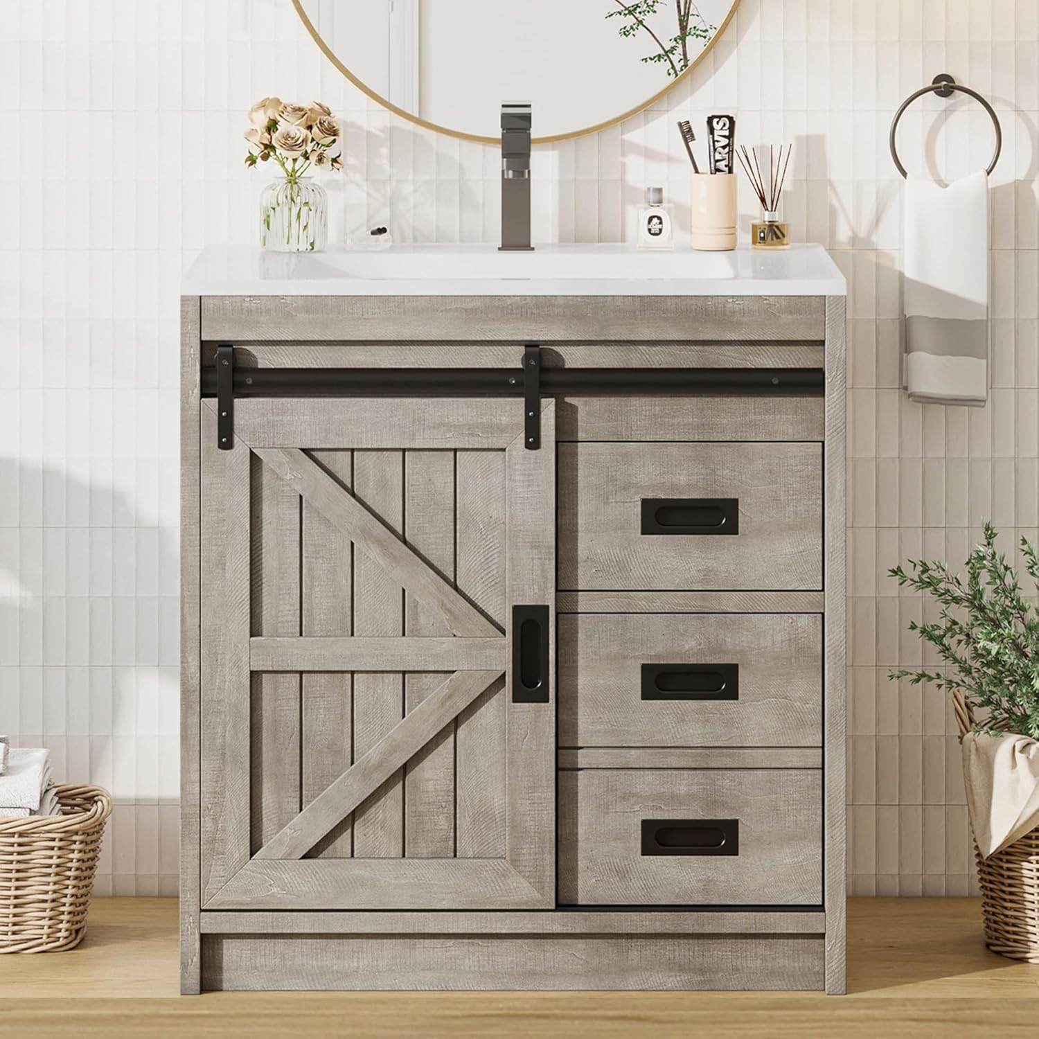 AMERLIFE Farmhouse Bathroom Vanity with Sink Combo, 31In Sliding Barn Door Bathr