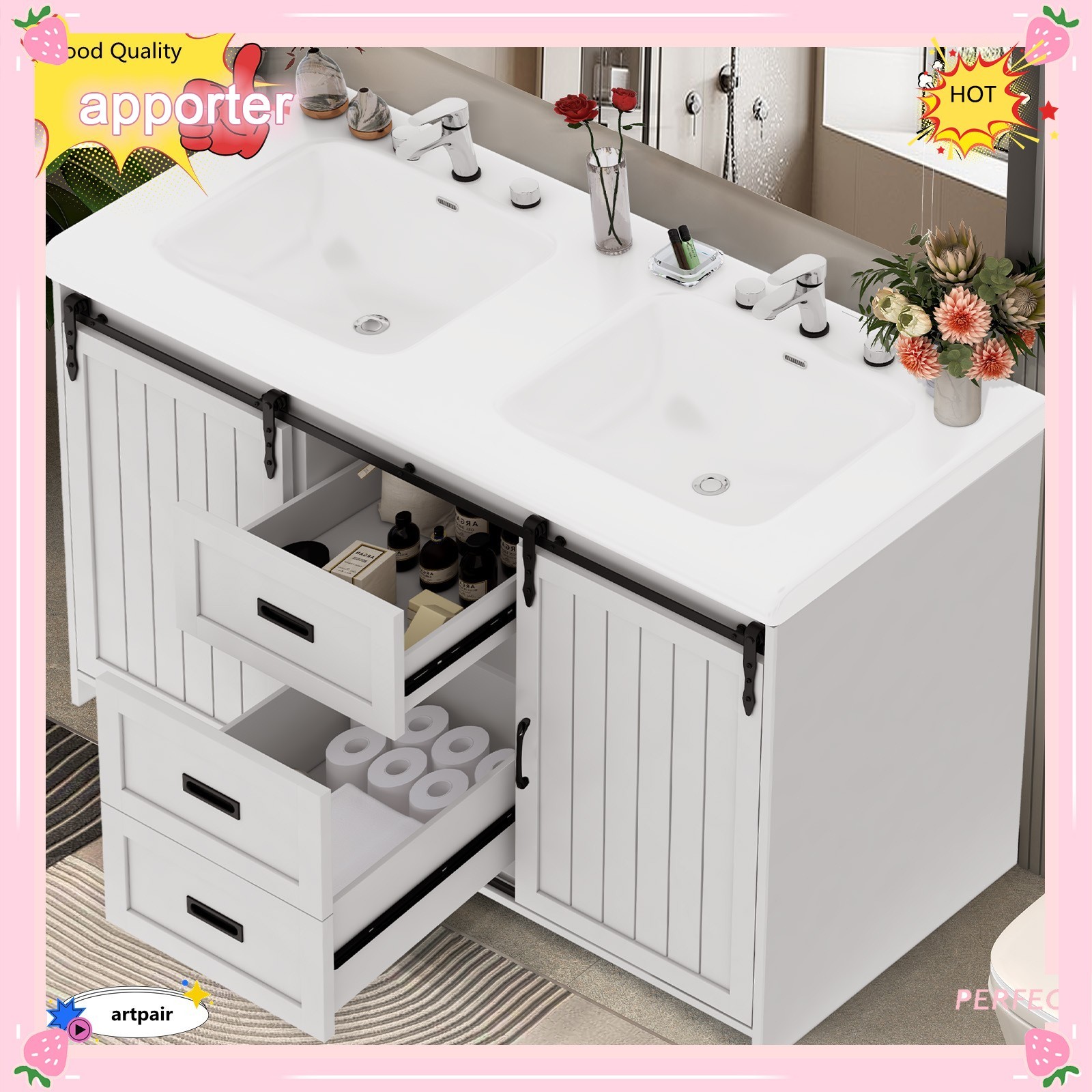 47″ Bathroom Vanity Cabinet Freestanding Storage Compartment + 2 Ceramic Sink