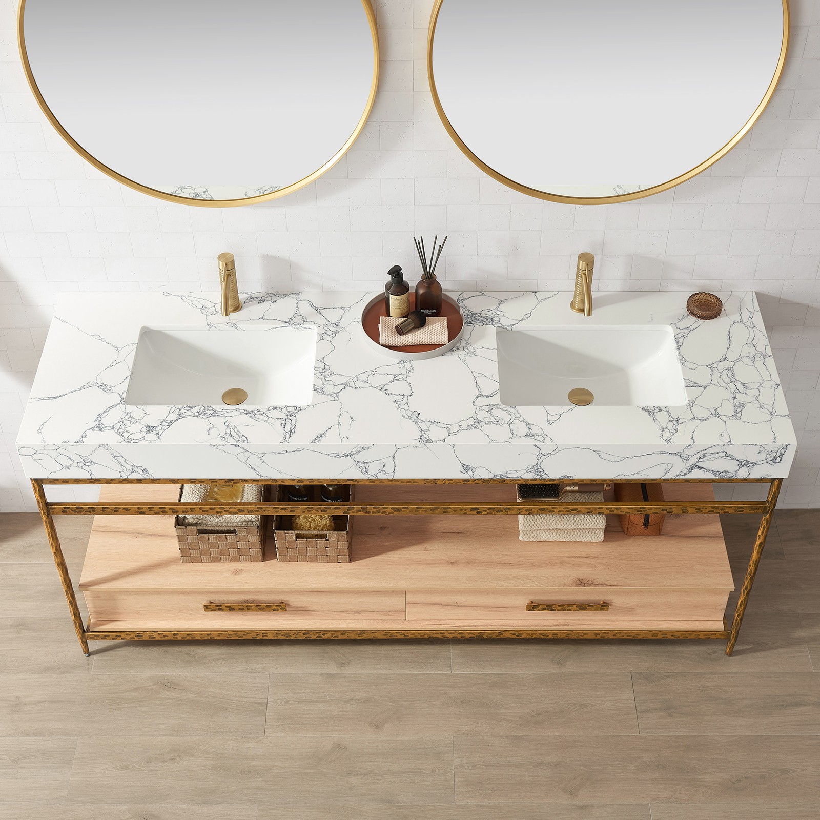 Dhaka 72″ Double Vanity in Yellow Bronze Metal Support with Composite Stone Top
