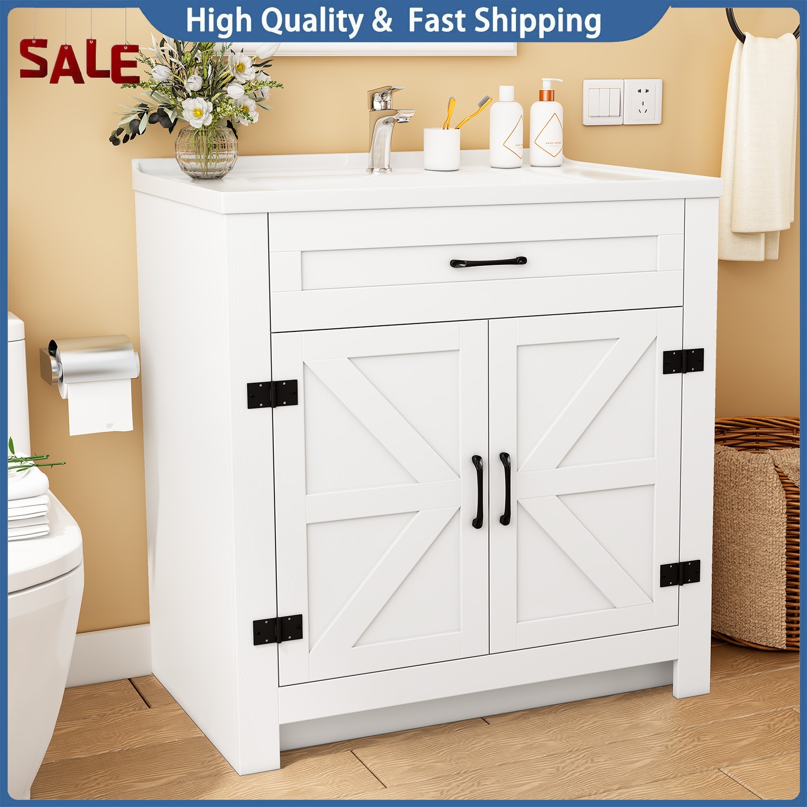 31″ Bathroom Vanity with Sink Combo Bathroom Cabinet with 2 Doors Freestanding