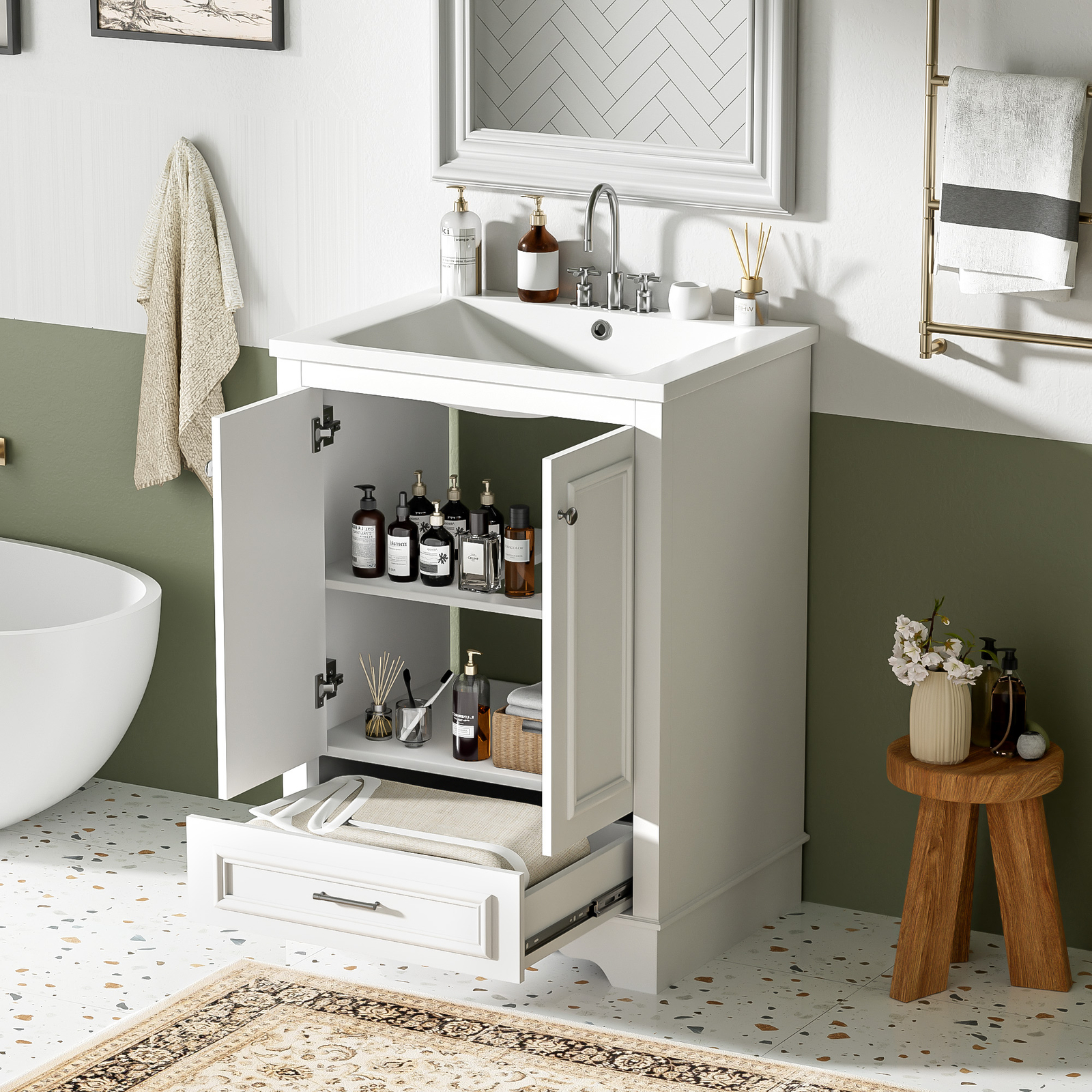24” Bathroom Vanity w/Ceramic Sink Combo, Modern Freestanding Storage Cabinet