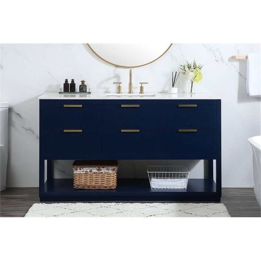 Elegant Decor Larkin 60″ Solid Wood MDF Single Bathroom Vanity in Blue Finish