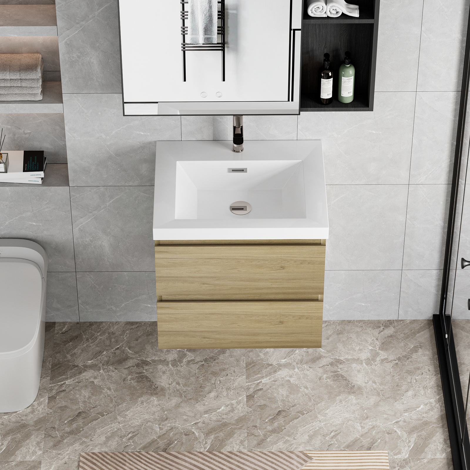 24 in Floating Wall-Mounted Bathroom Vanity 2 Drawers With Resin Top Basin Sink