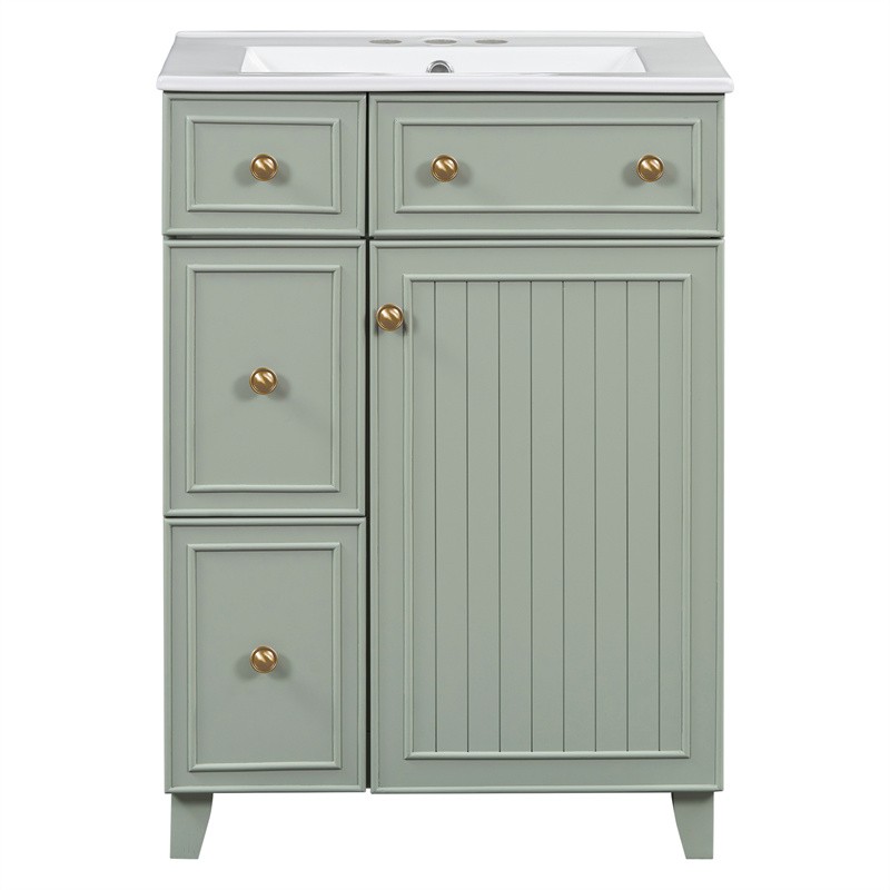 24″ Green Bathroom Vanity Cabinet with Ceramic Sink,2 Drawers,1 Soft-Close Door
