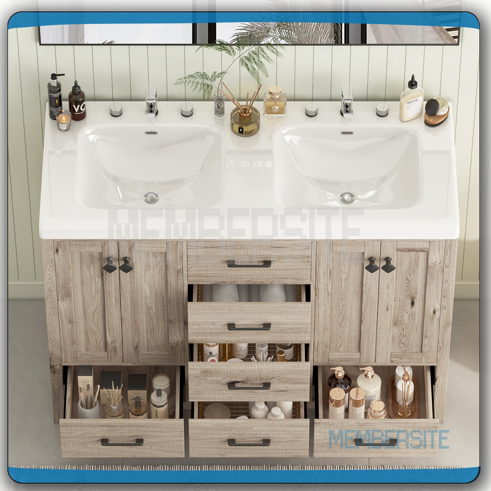 Bathroom Vanity ,47.3″ Vanity Top w/2 Ceramic Sinks ,5 Drawers Freestanding NEW