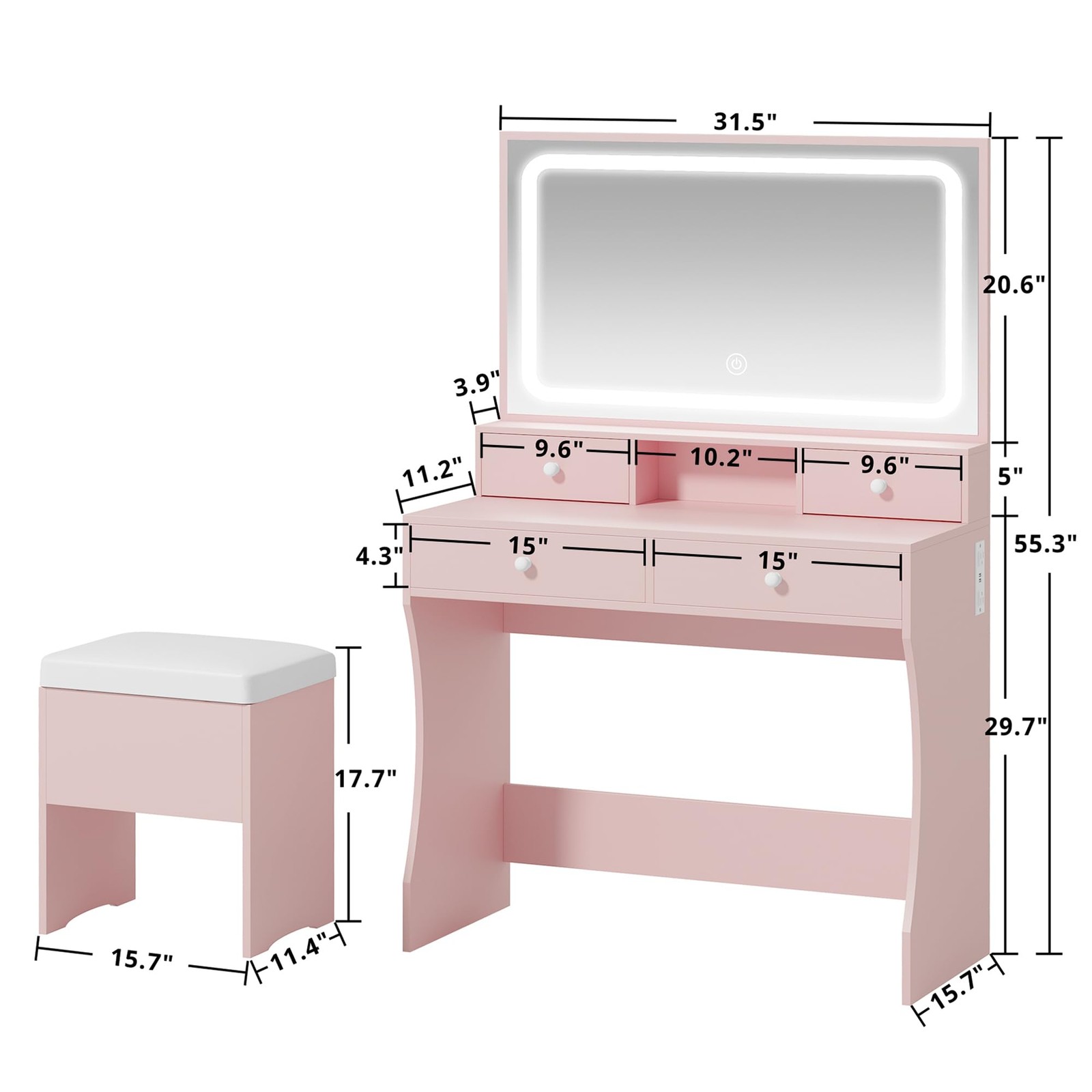 Vanity Desk with LED Lighted Mirror & Power Outlet 4 Drawers Storage Bench Pink