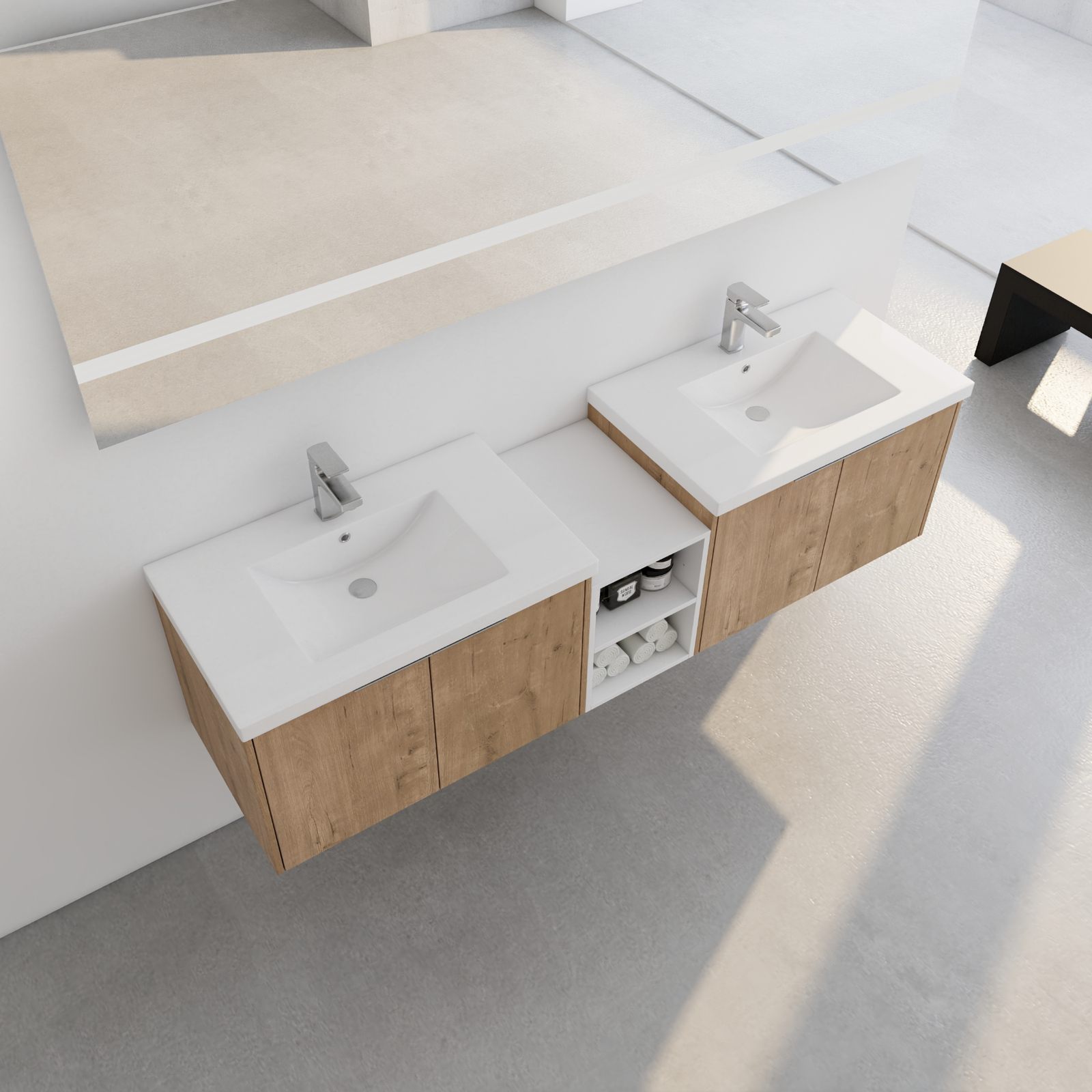 72″ Plywood Floating Wall Mounted Bathroom Vanity Cabinet W/ Dual Sink Shelves