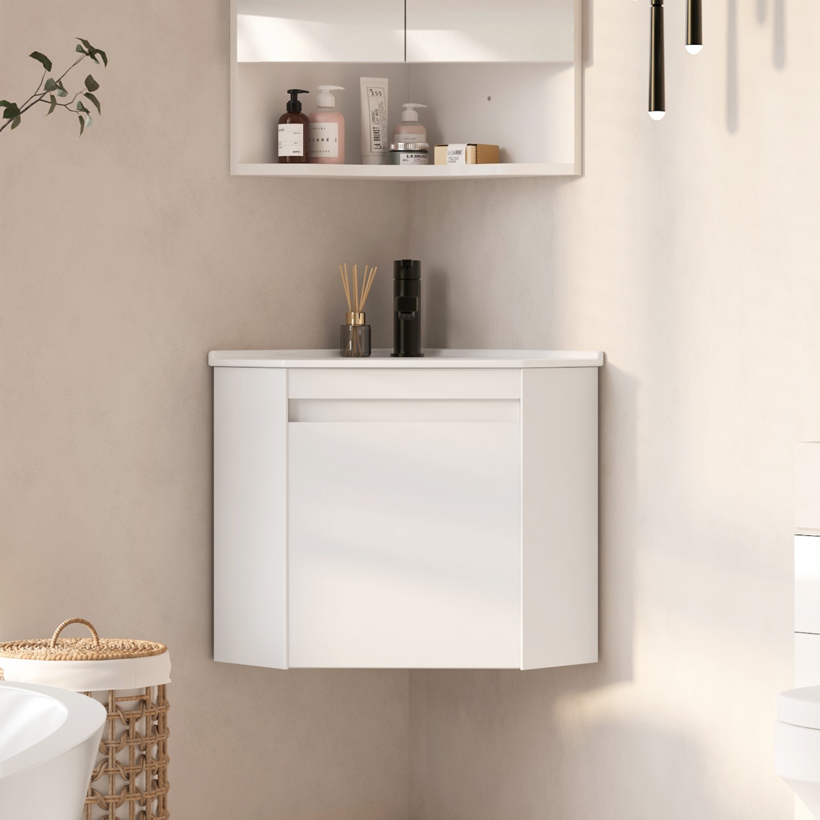 Corner Bathroom Vanity Sink Wall Mounted Combo for Small Space White Ceramic Top