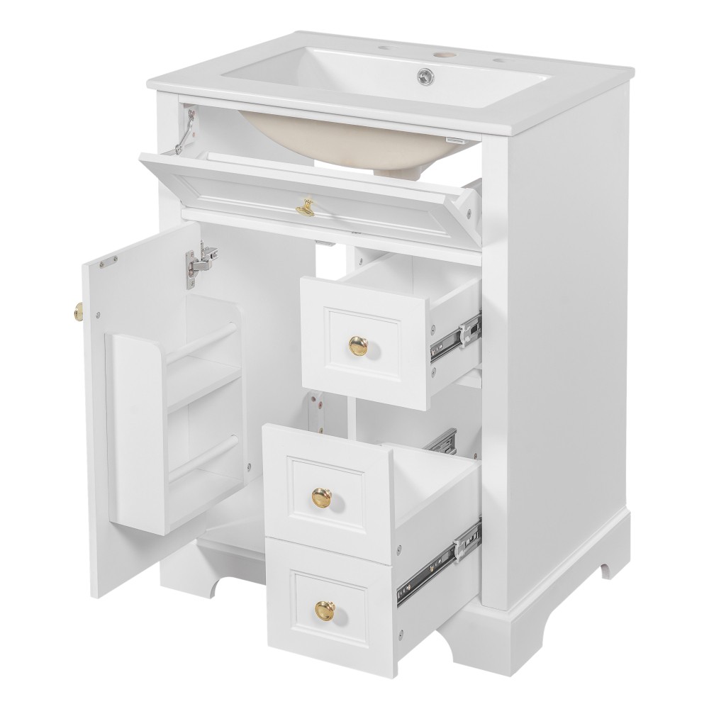 24 in White Bathroom Vanity with Sink MDF & Pinewood Construction 3 Drawers