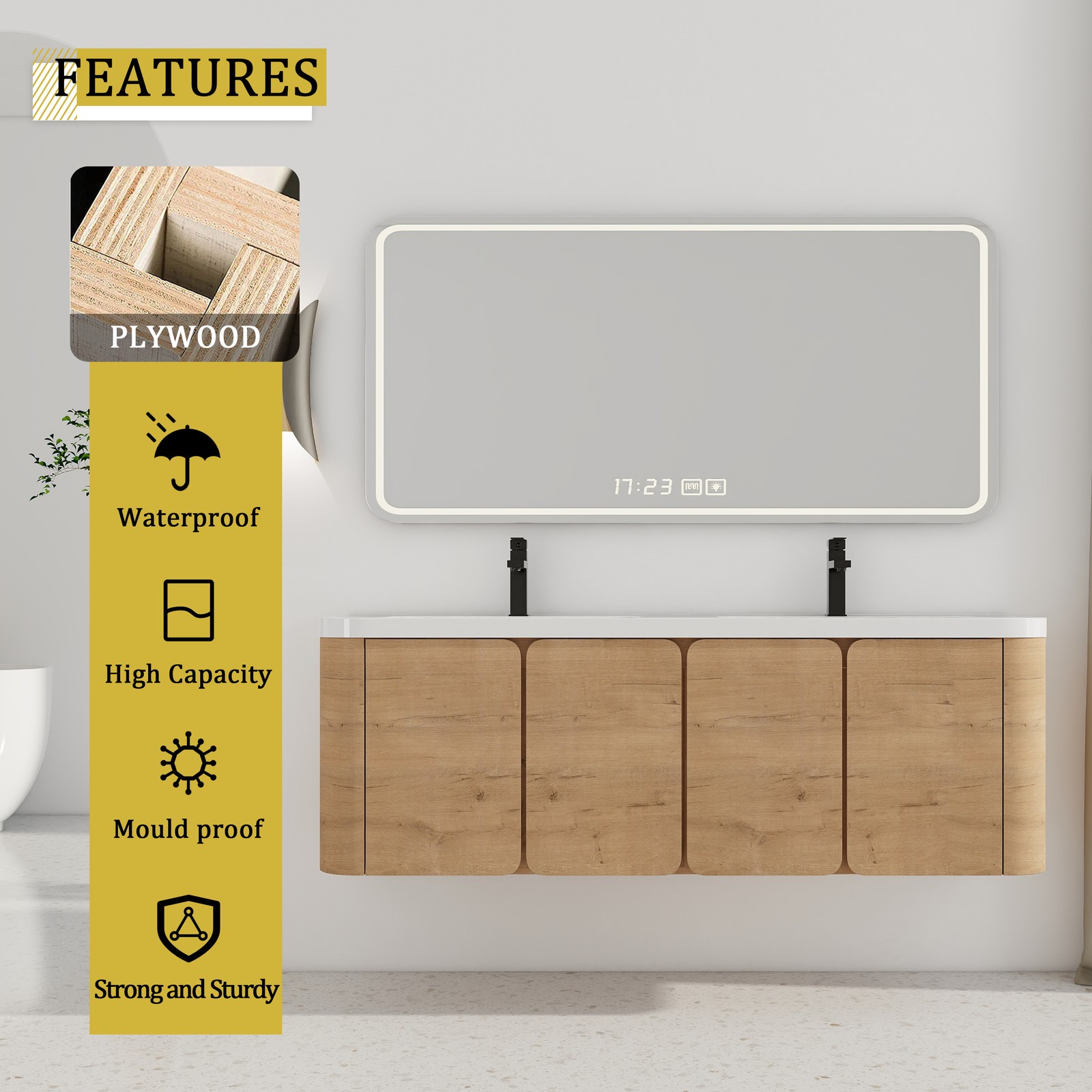 60in Plywood Wall-Mounted Bathroom Vanity with White Double Resin Sink 4 Doors