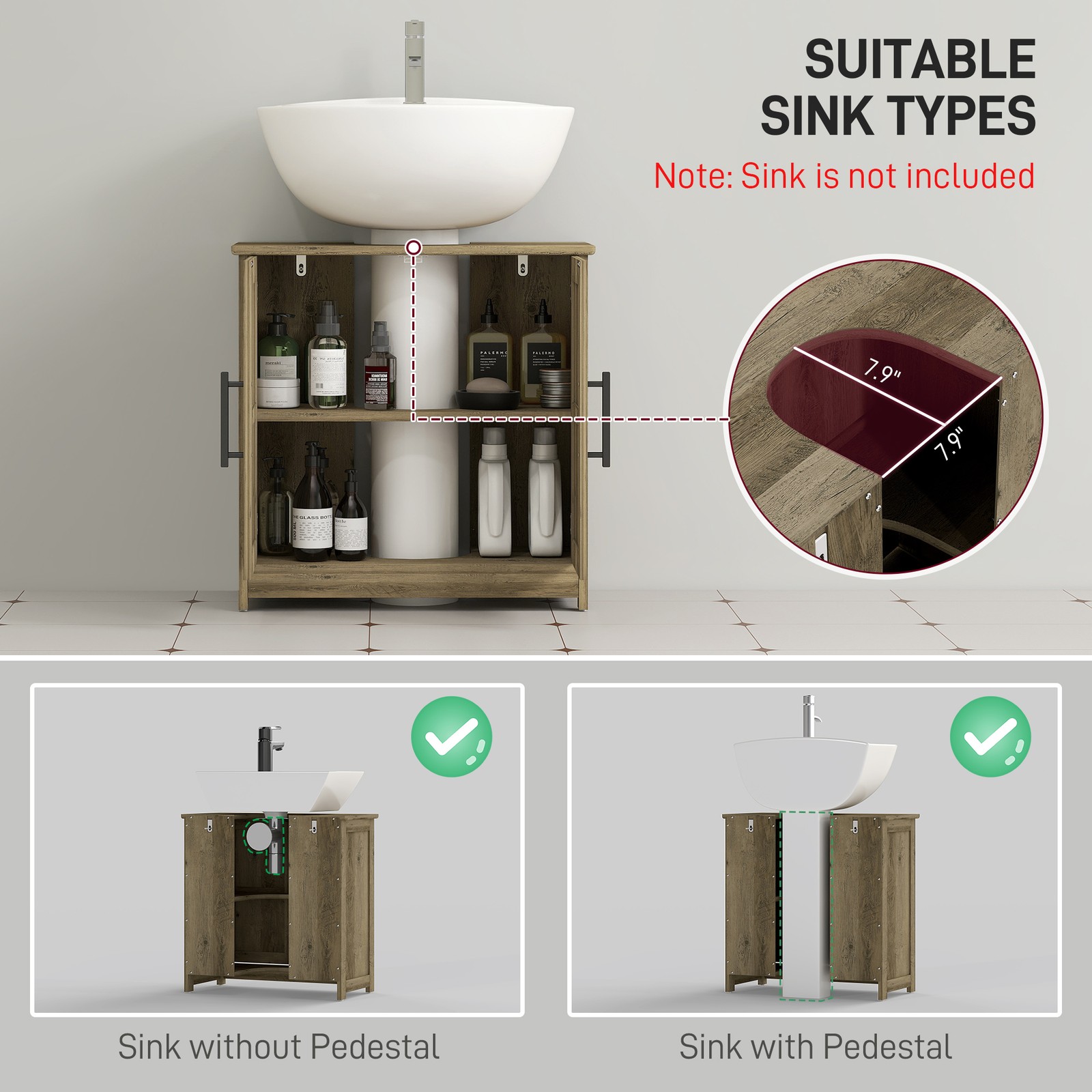 HOMCOM Pedestal Sink Storage Cabinet, Bathroom Sink Cabinet, Light Gray
