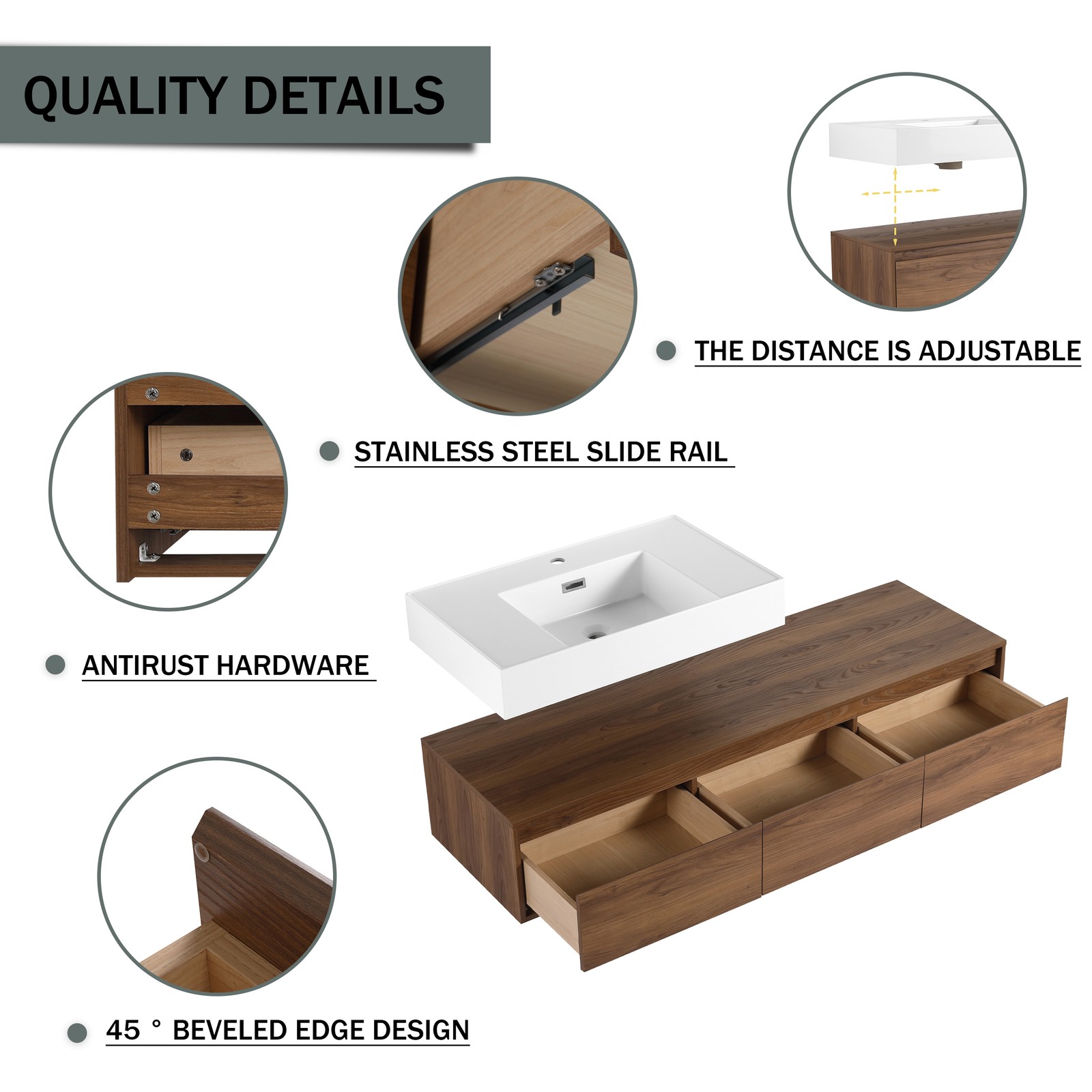 60in Wooden Wall-Mounted Bathroom Vanity Floating Vanity W/ Resin Sink +Drawers