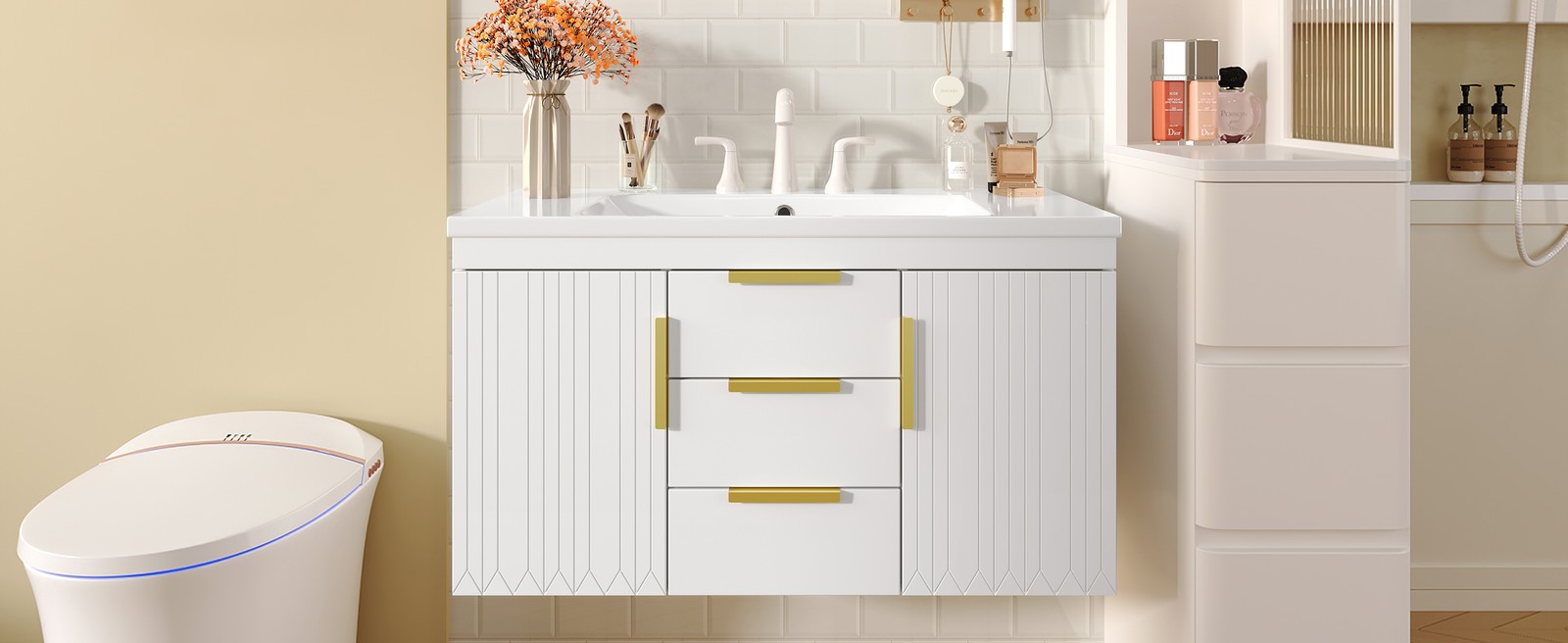 36″ Floating Bathroom Vanity Cabinet with 2 Drawers, Solid Wood, White
