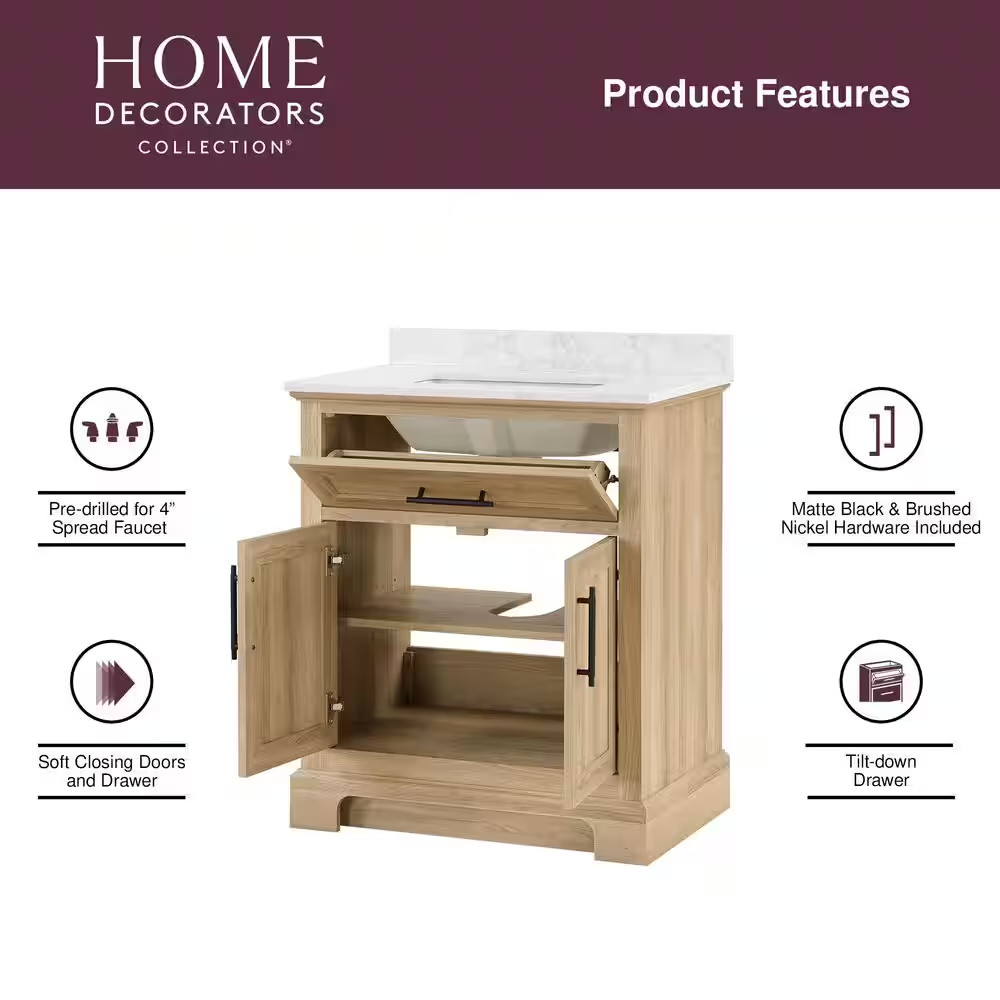 Doveton 30 In. Single Sink Freestanding Weathered Tan Bath Vanity with White Eng