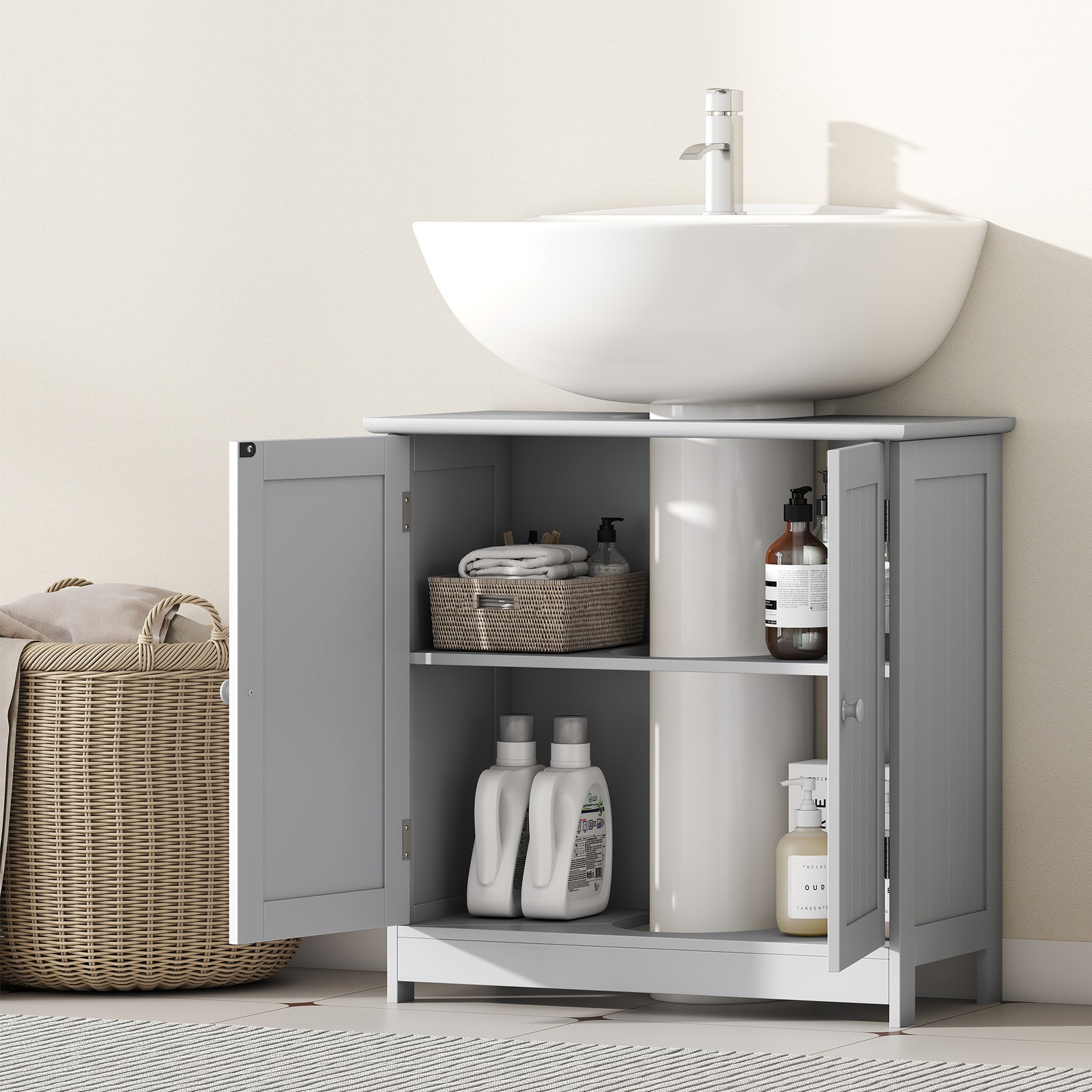 Under Sink Bathroom Cabinet with 2 Doors and Shelf, Light Gray