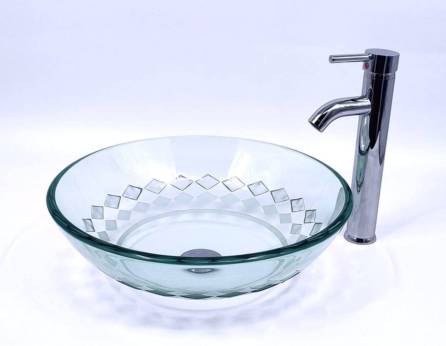 Glass Sink Round Vessel Bathroom Sink Set Faucet Pop up Squares Pattern