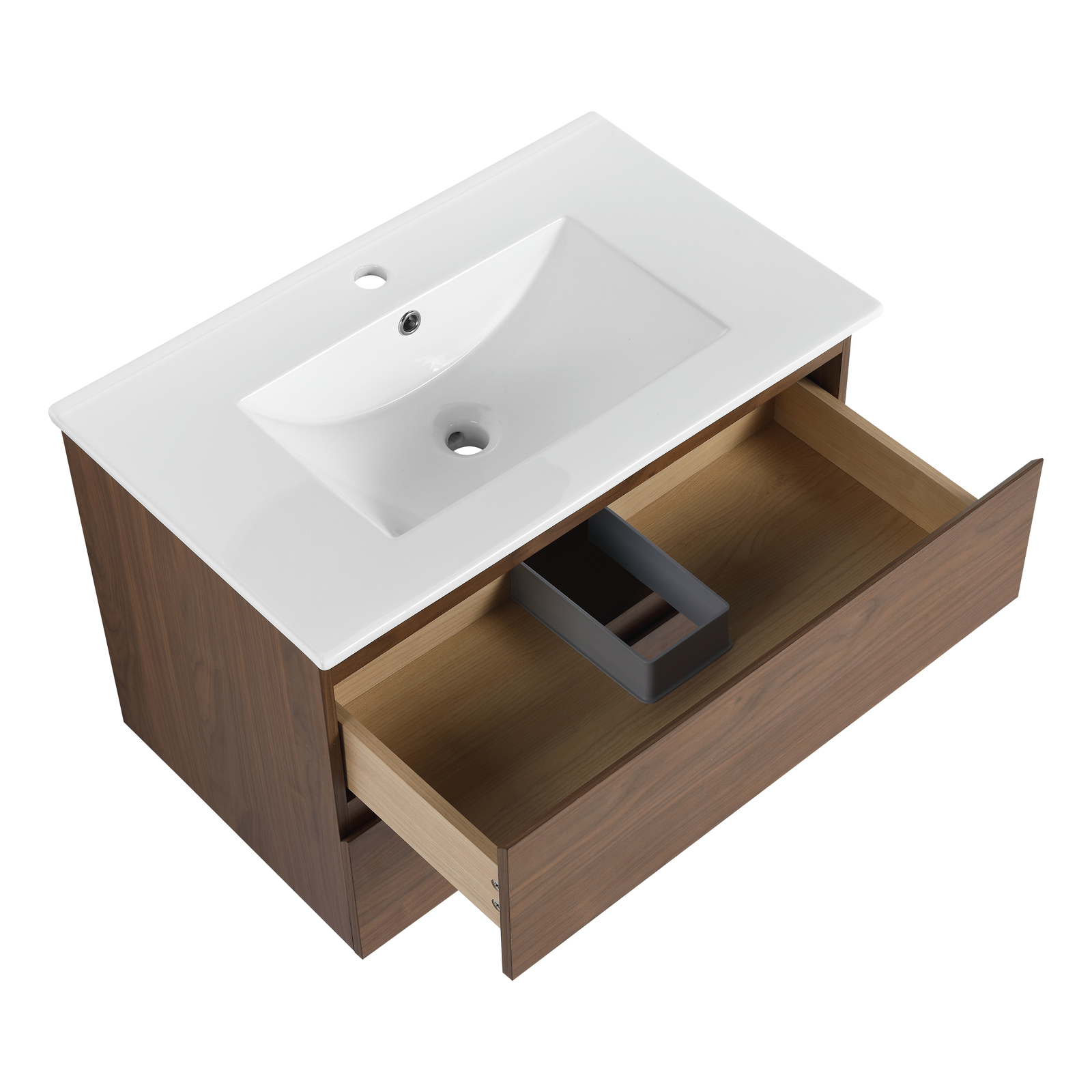 30″ Wood Wall Mounted Bathroom Vanity With 2 Drawers Cabinet Ceramic Sink Basin