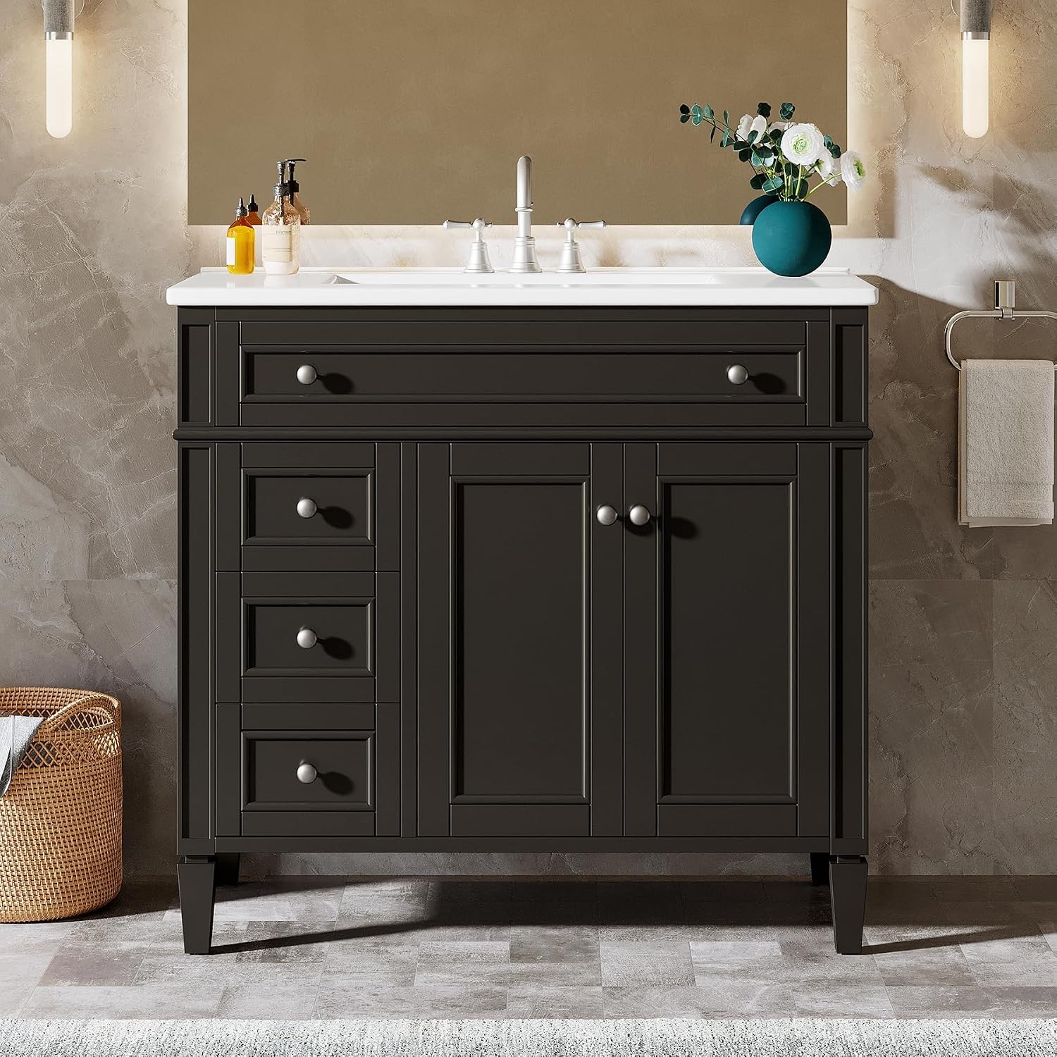 Tribesigns 36″ Bathroom Vanity with Sink,Bathroom Sink Cabinet 4 Drawers& 2Doors