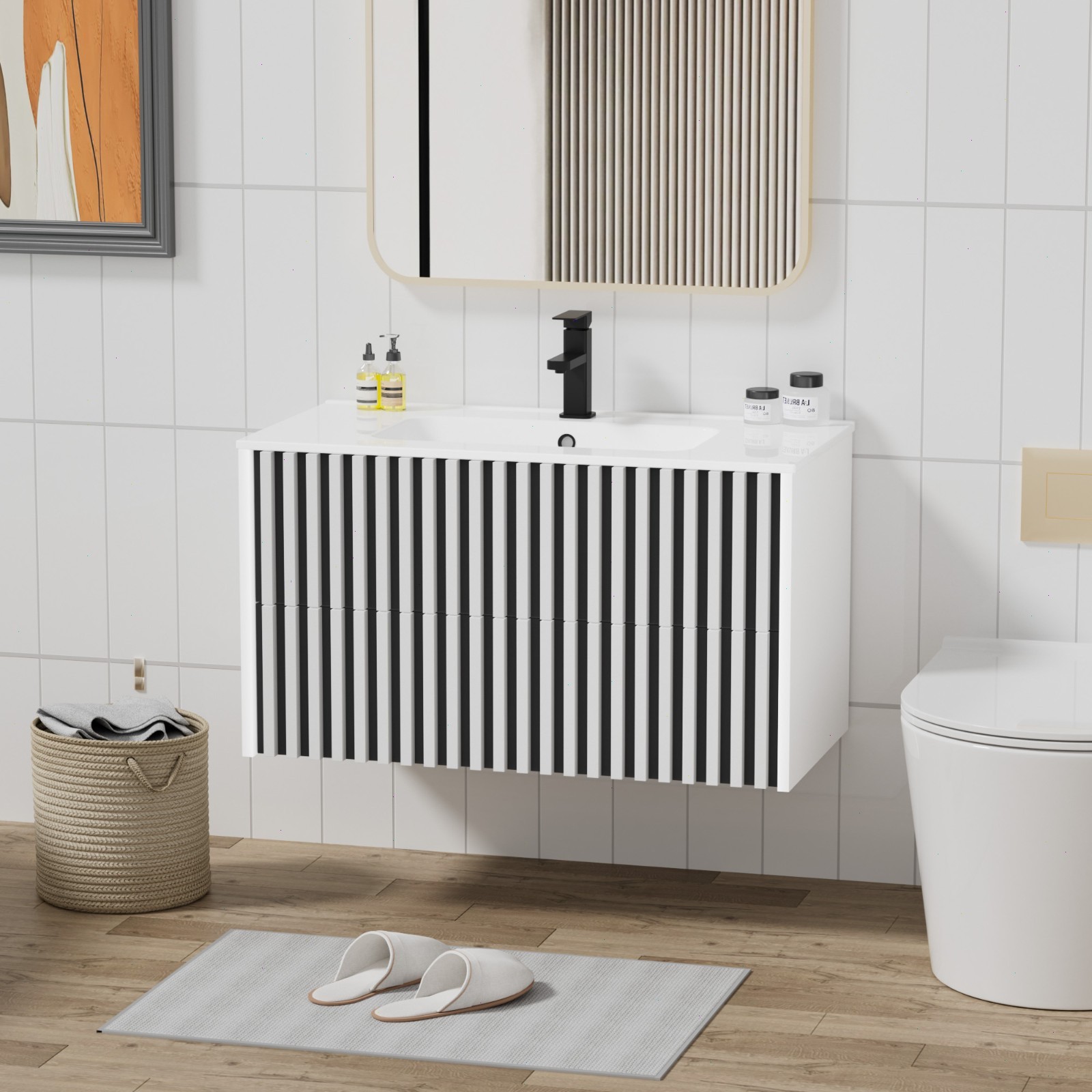 24″/ 30″/ 36″ Wall Mounted Bathroom Vanity Set With Sink Top, Faucet And Drain