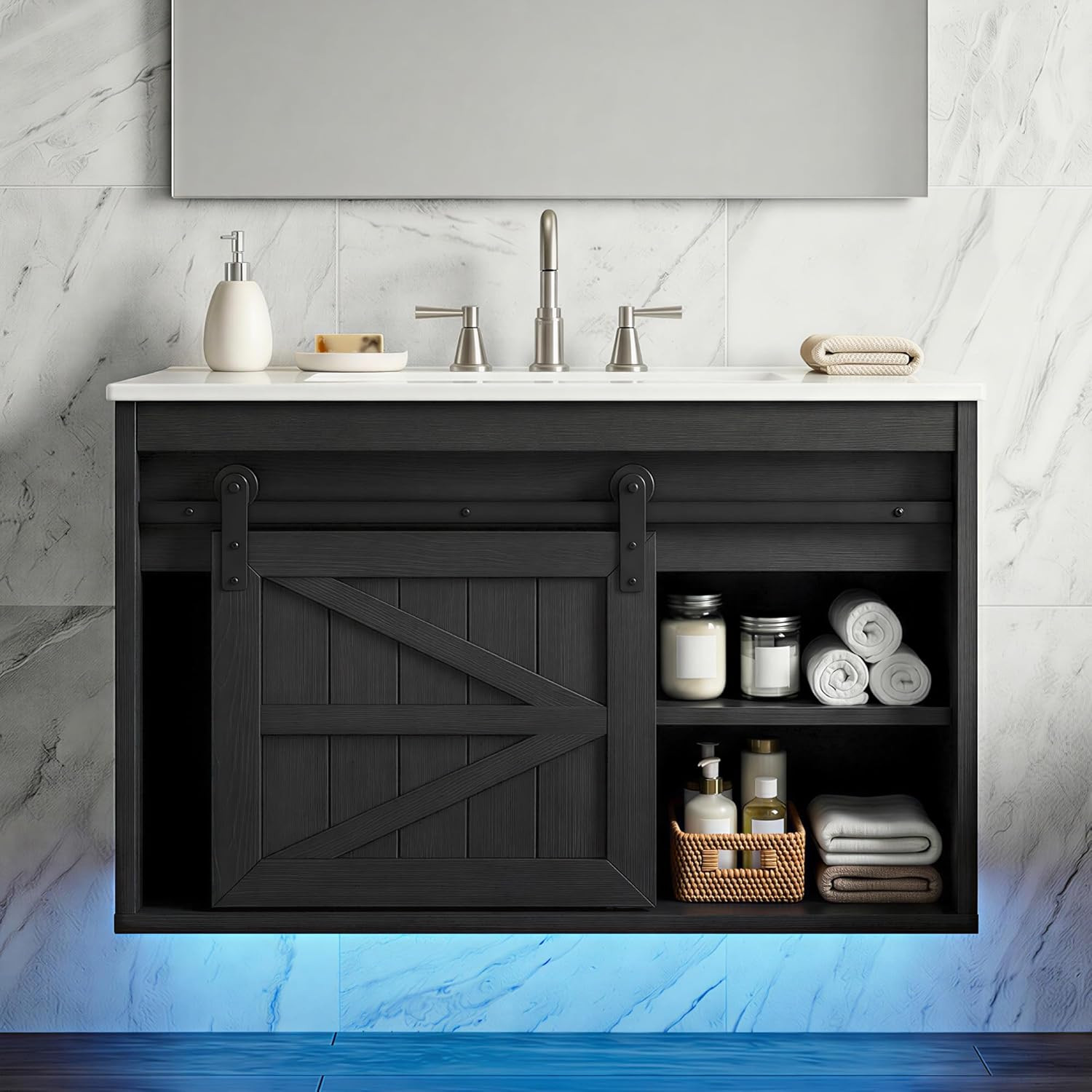 24″ LED Farmhouse Bathroom Vanity with Sink & Sliding Barn Door, Wall-Mounted