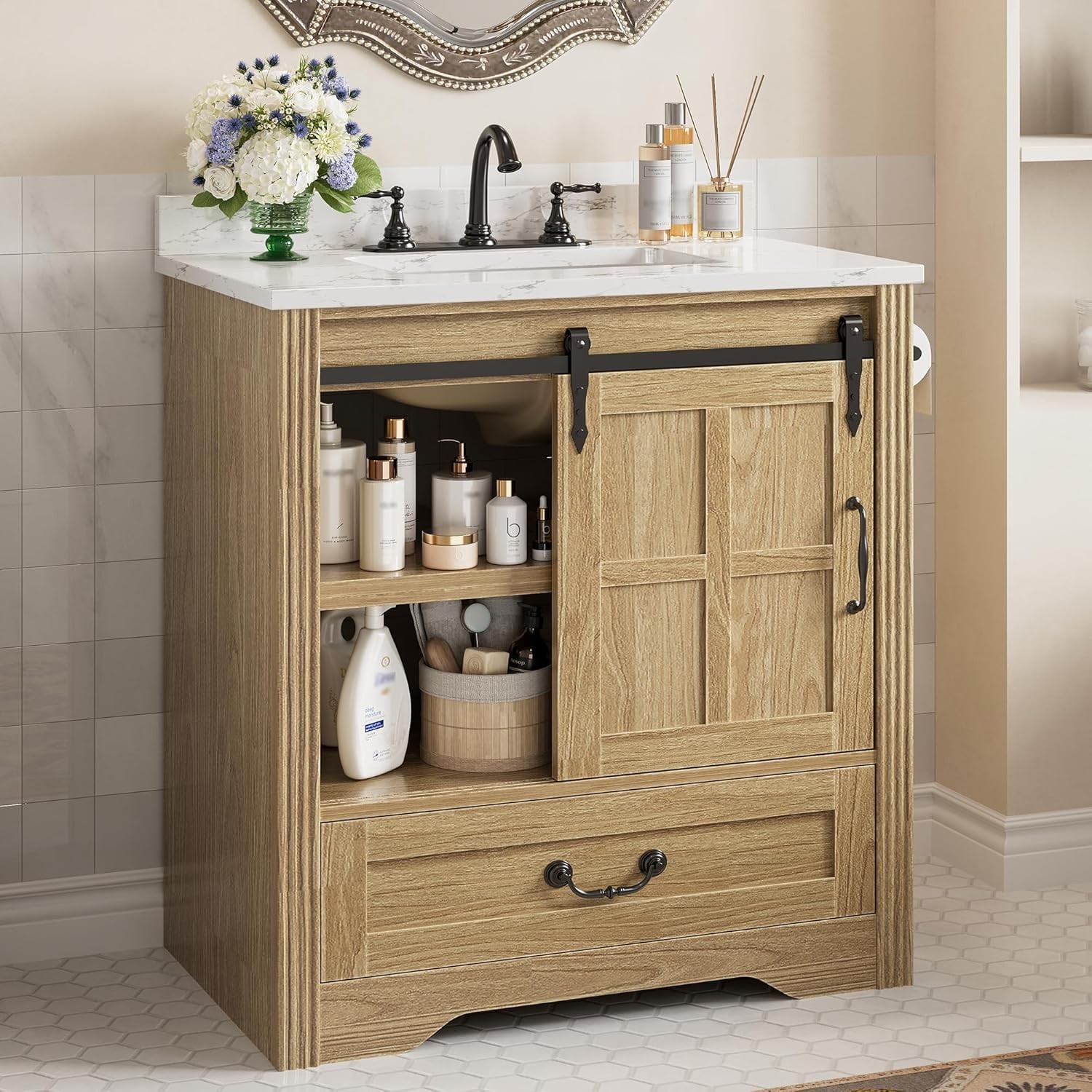 Bathroom Vanity with Sink, 30 Inch Bathroom Sink Cabinet with Drawers & Metal