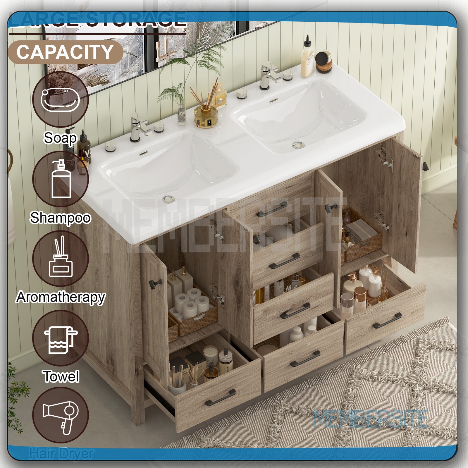 Bathroom Vanity ,47.3″ Vanity Top w/2 Ceramic Sinks ,5 Drawers Freestanding NEW