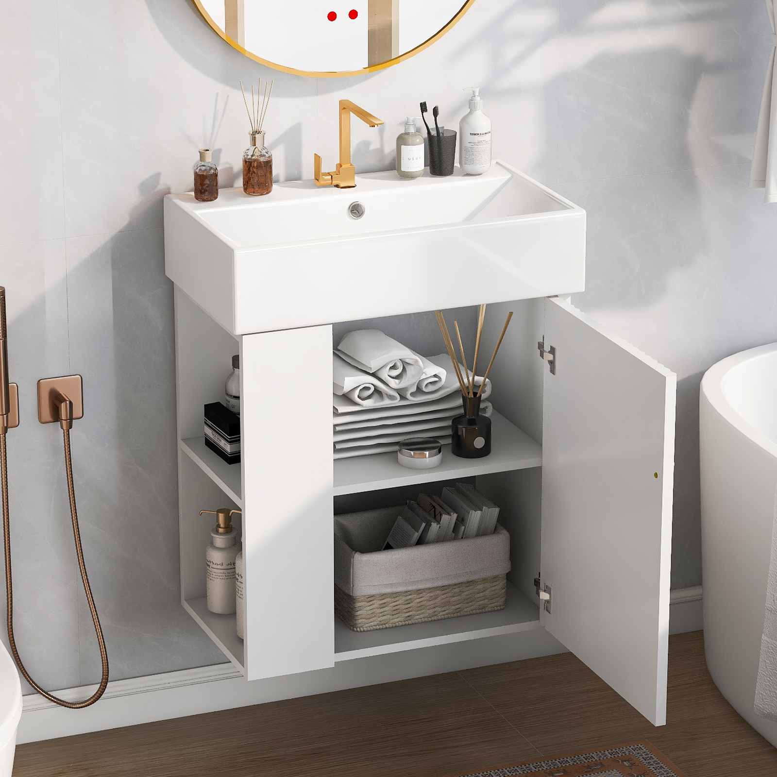 21.6inch Modern Floating Bathroom Vanity with Ceramic Basin Left side storage