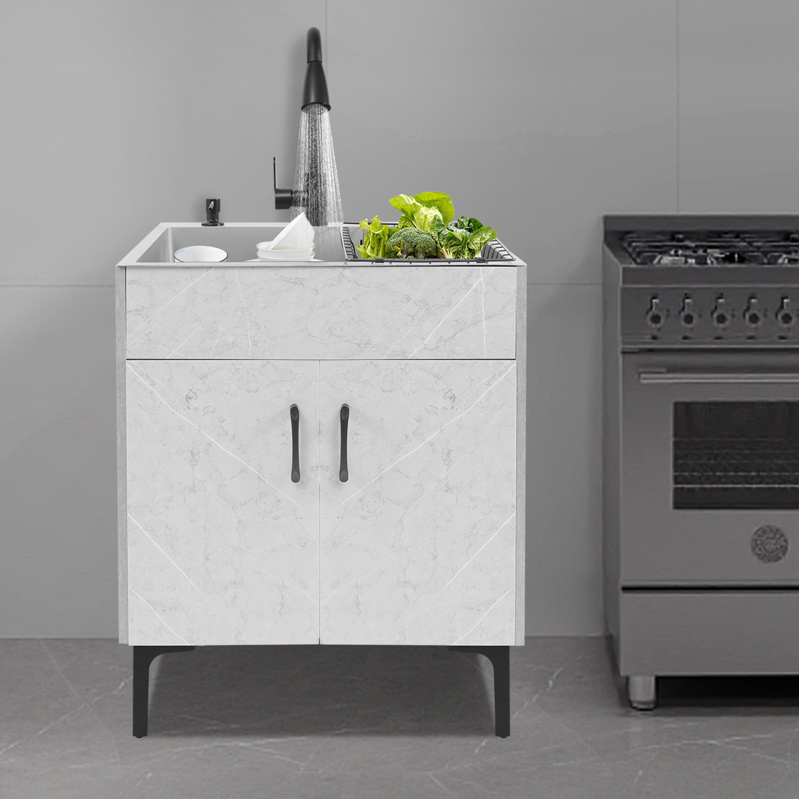 Grey Stainless Steel Sink & Freestanding Cabinet With Pull-Out Faucet