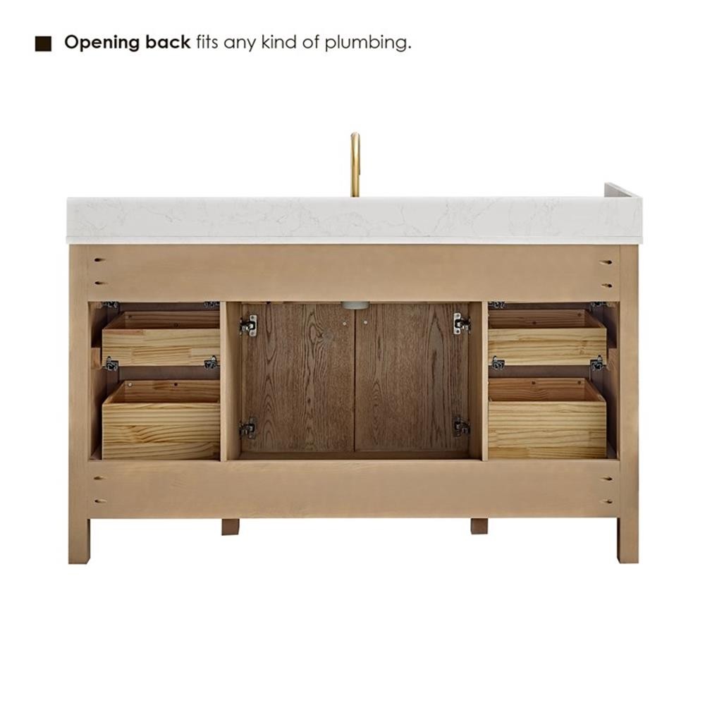 Pemberly Row 60″ Single Wood Vanity in Nature Oak Engineered Stone Top no Mirror