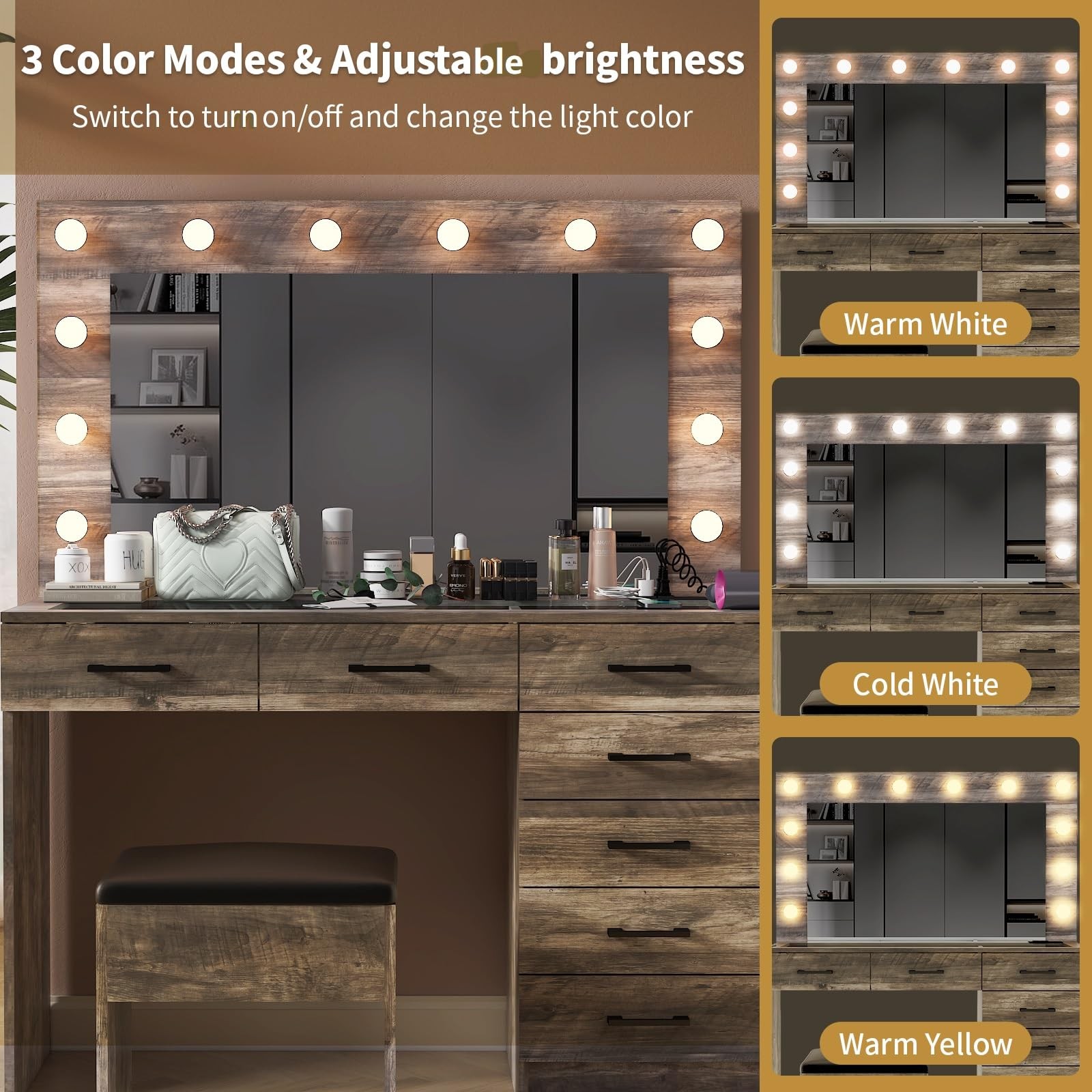 Vanity Desk Mirror 3 Color Lights Charging 7 Drawer Glass Top Stool Grey