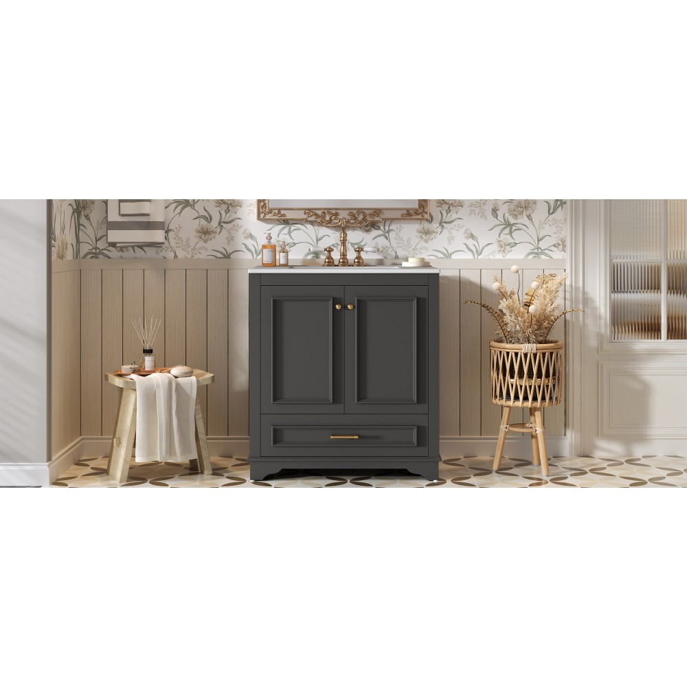 30″ Solid Wood Bathroom Vanity w/Ceramic Sink,2 Soft Close Doors,Storage Cabinet