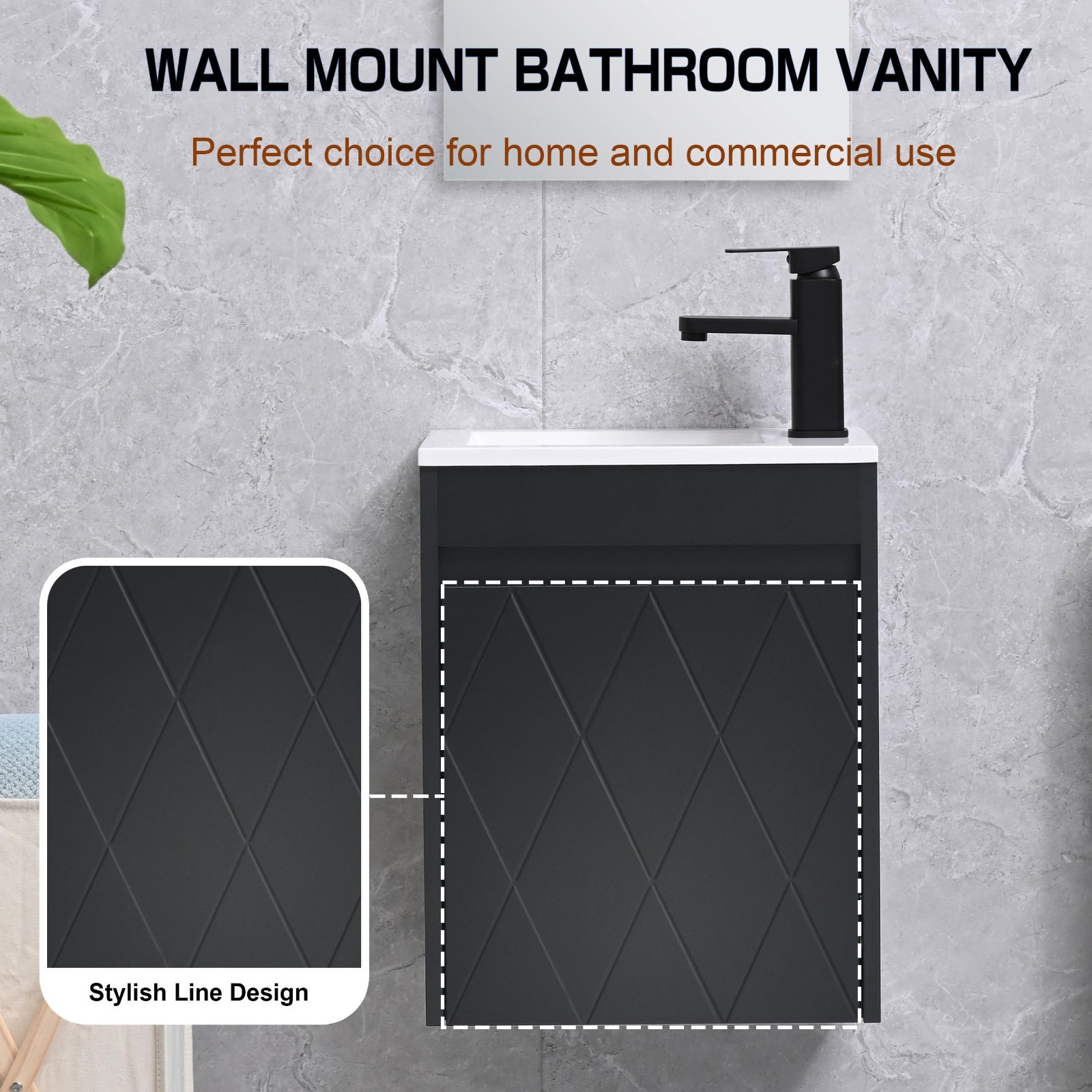 16″ Wall Mounted Bathroom Vanity Sink Combo, Small Space Cabinet Set, Black Fauc