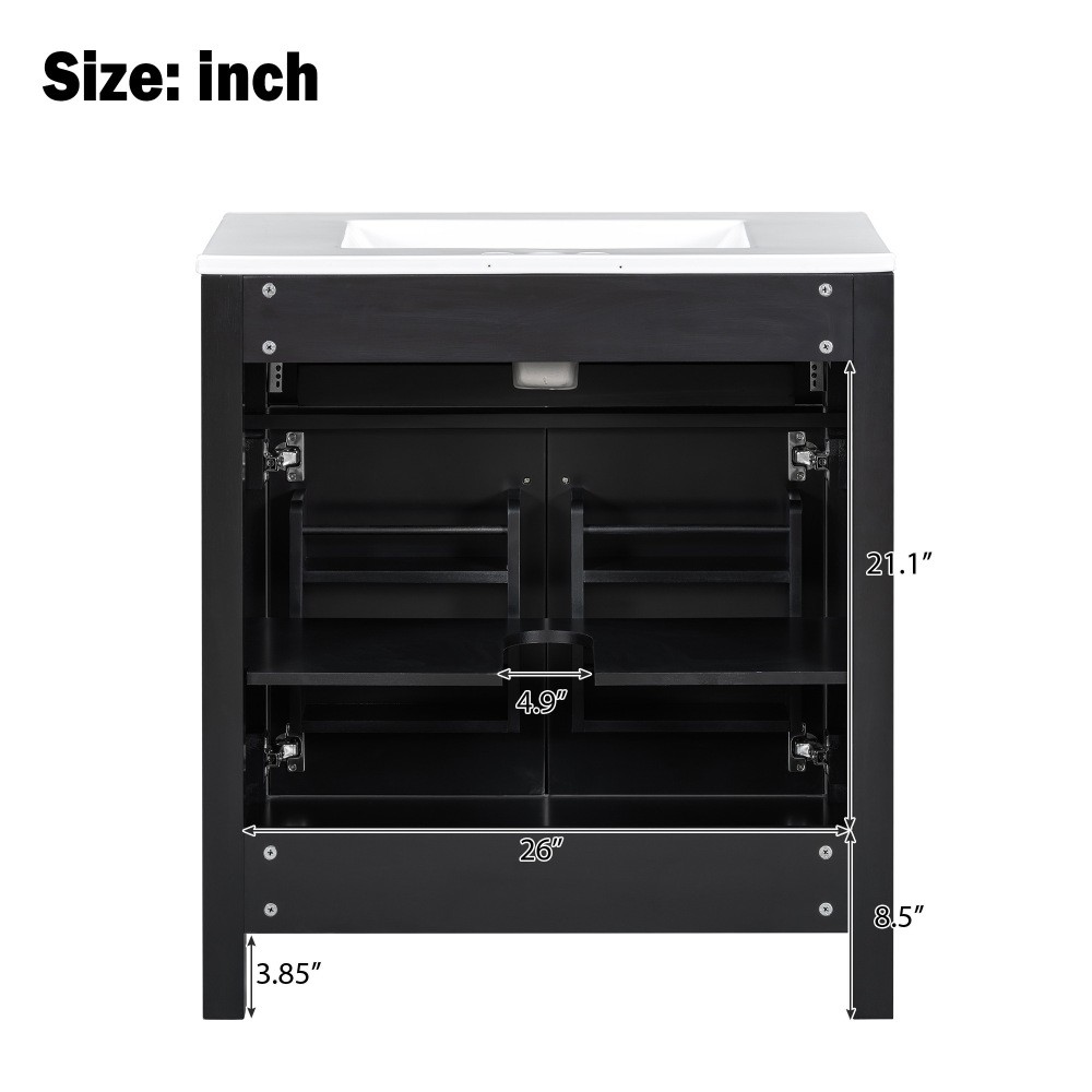 30″ MDF Bathroom Vanity Ceramic Sink Soft Close 2 Doors Adjustable Shelf Storage