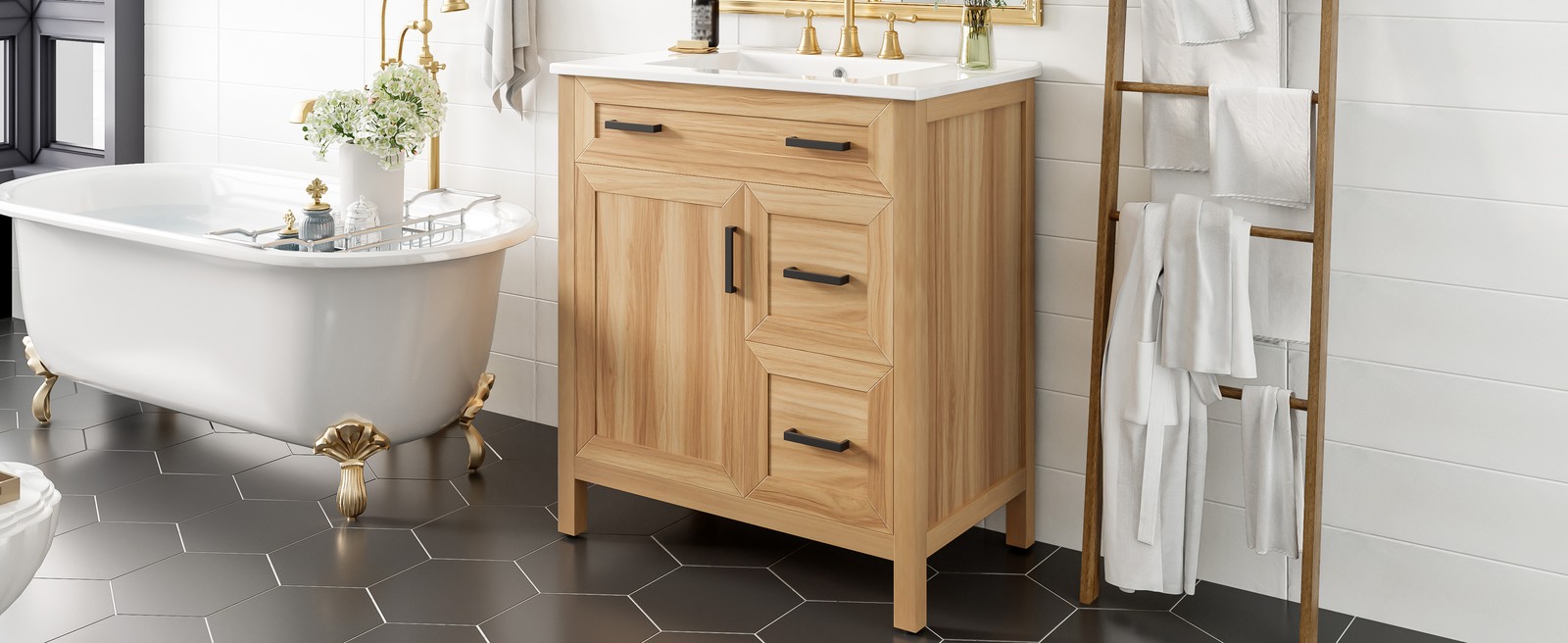 30″ Bathroom Vanity Solid Wood Frame W/Soft Close Door 2 Drawers Storage Cabinet