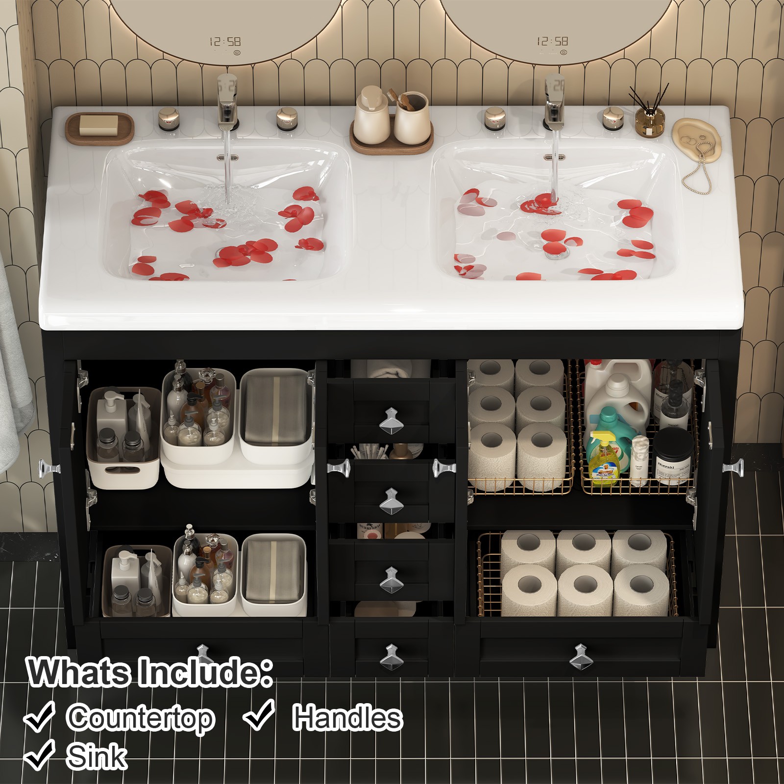 47” Double Bathroom Vanity Cabinet Ceramic Sink + Cabinet + 5 Drawers Black