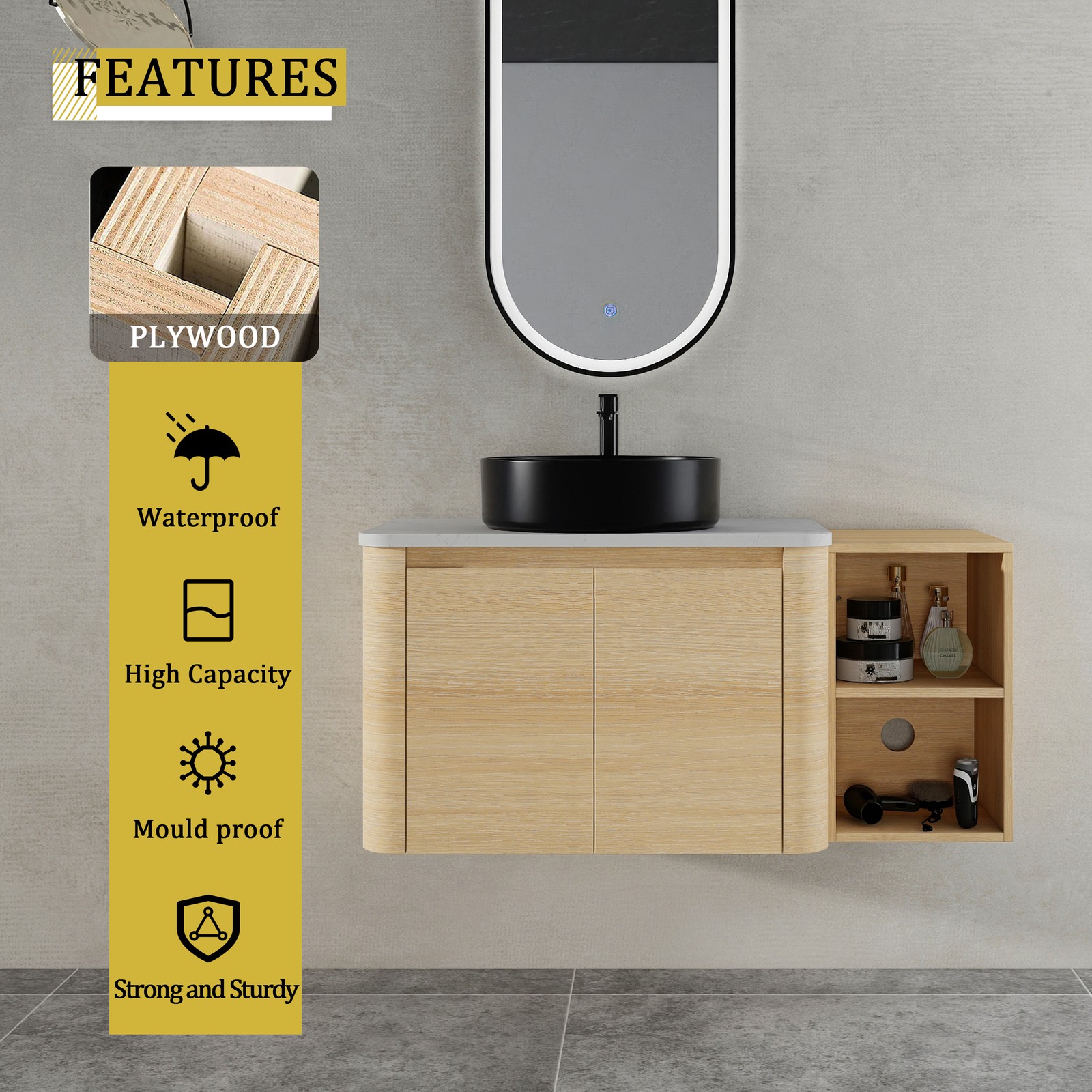 42in Plywood Floating Bathroom Vanity W/Black Ceramic Basin Sink Storage Shelves