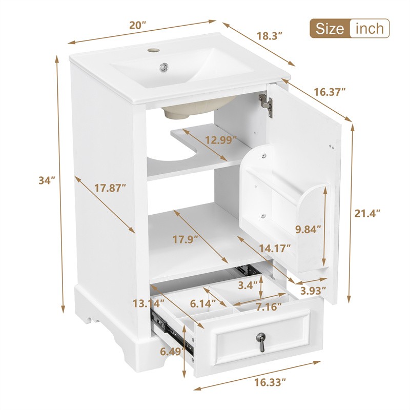 20 In Modern Bathroom Vanity with Ceramic Sink,Soft Close Door,Adjustable Shelf