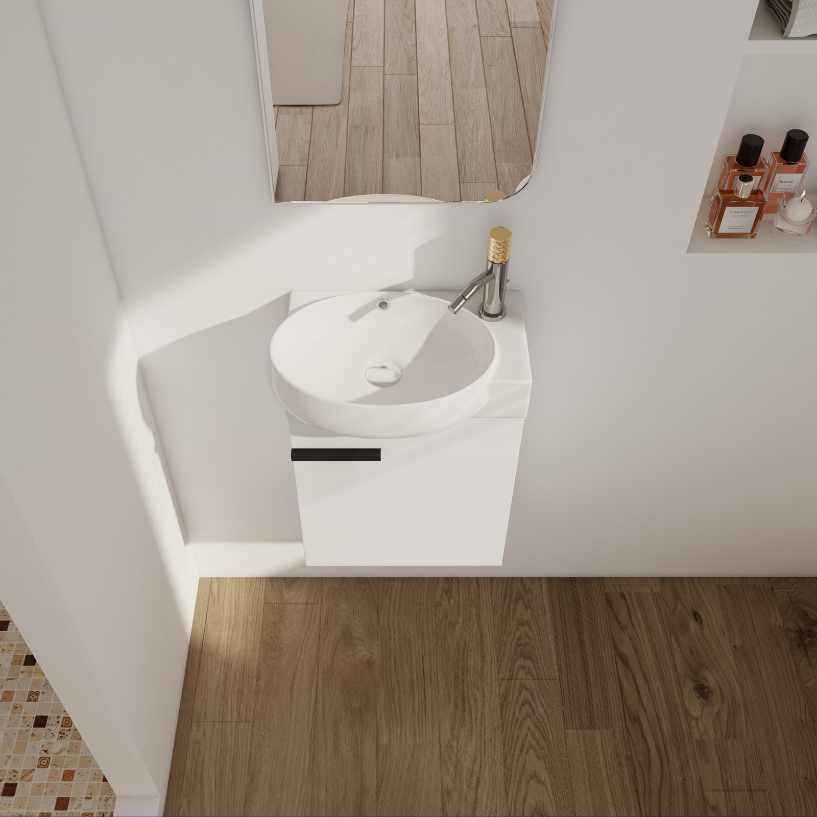 16″ Wood Floating Wall Mounted Bathroom Vanity +Round Sink for Small Space White