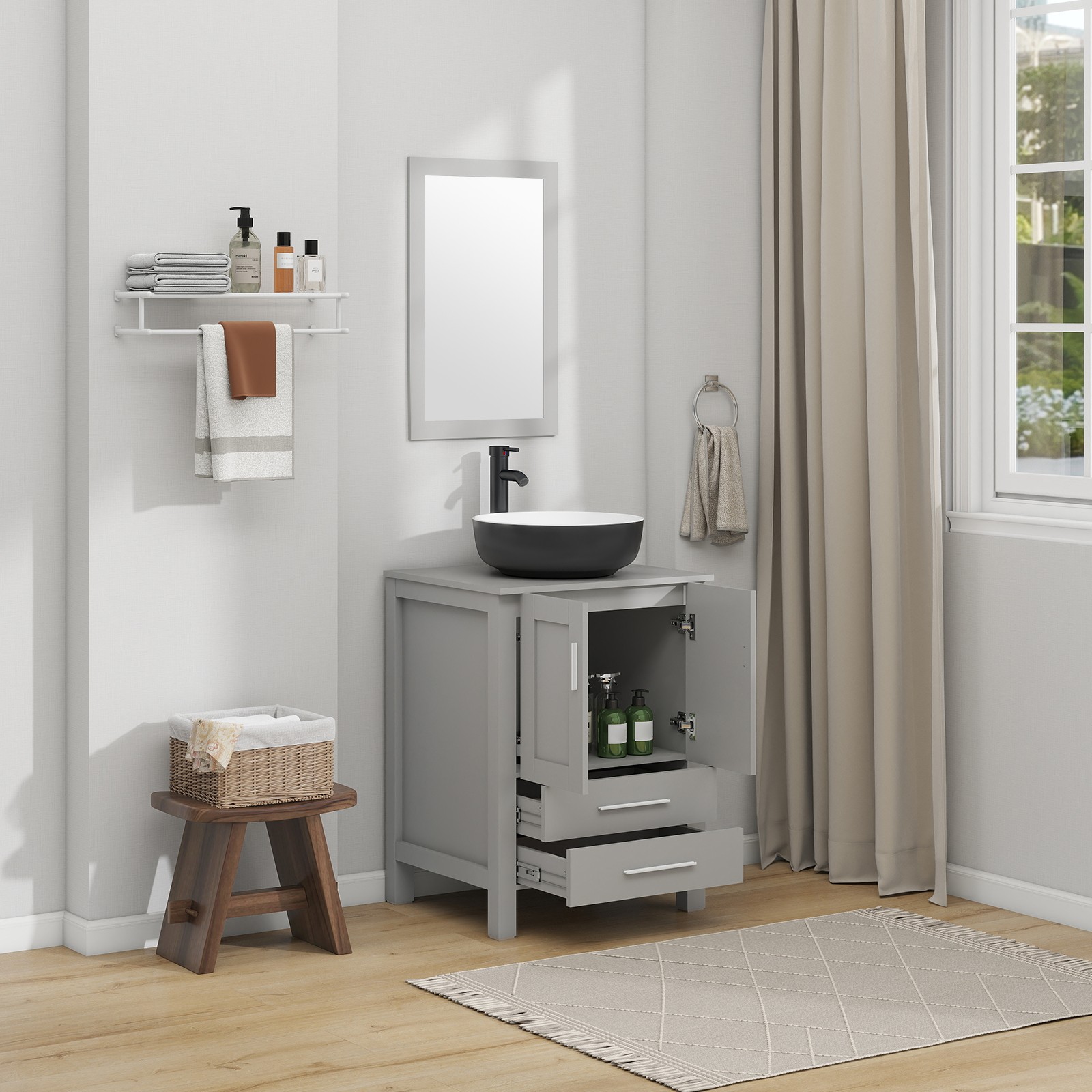 Modern 24″ Vanity Set with Black Ceramic Sink | Cabinet + Drawer Storage