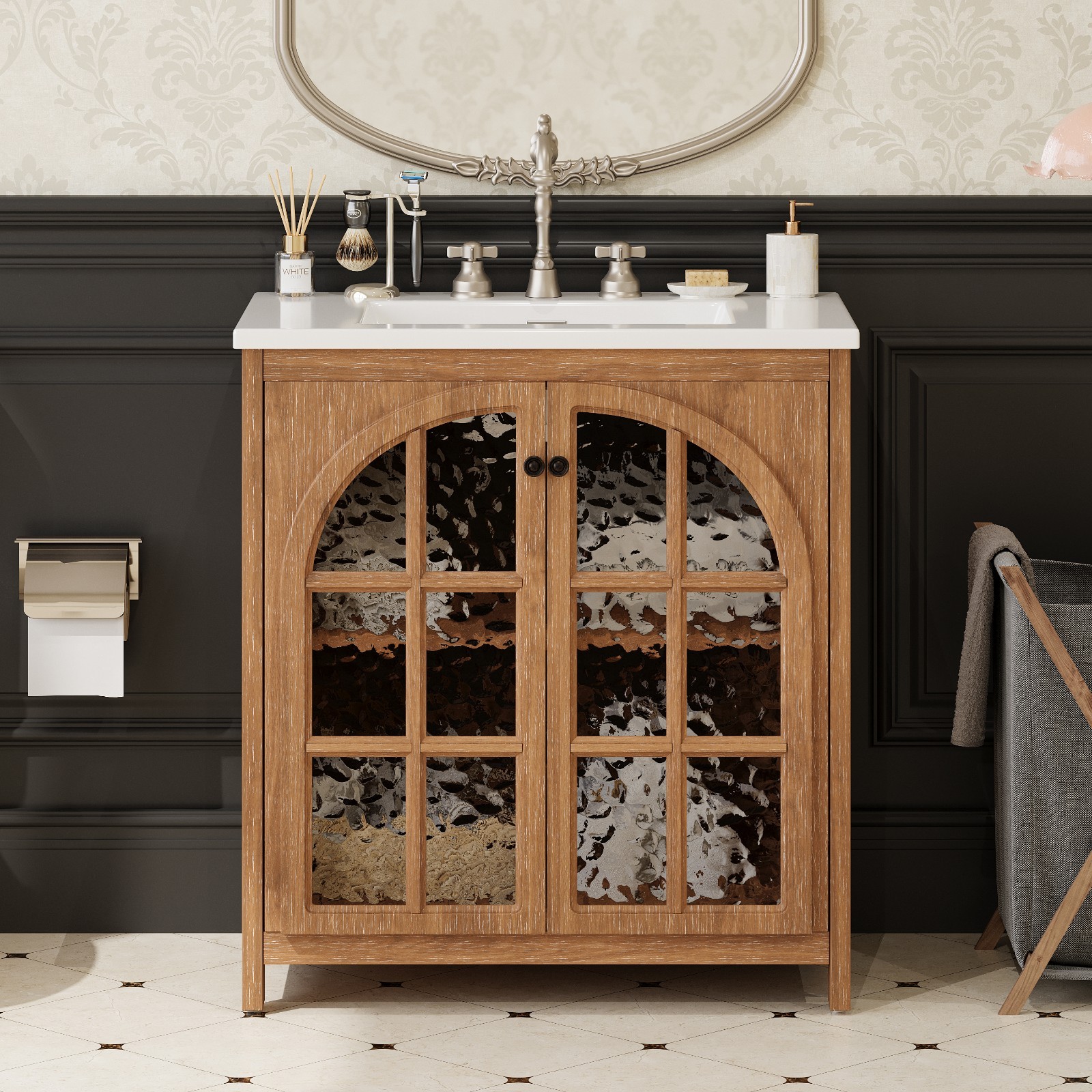 30 Inches Bathroom Vanity with Ceramic Sink,Vintage Rustic Bathroom Cabinet