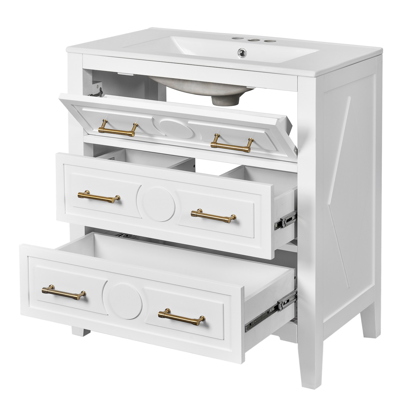 30″ Bathroom Vanity with Ceramic Sink Combo, White, 3 Drawers