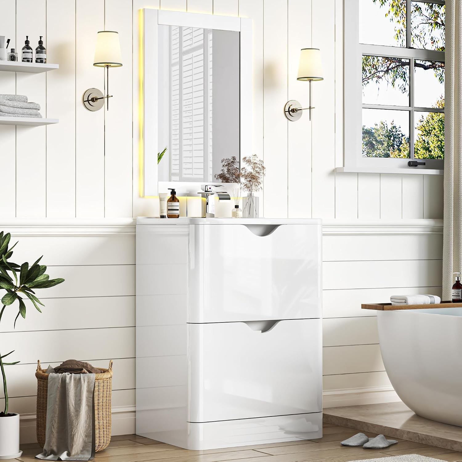 24″ Modern High Gloss Bathroom Vanity with Sink Combo,Mirror, Faucet Set,
