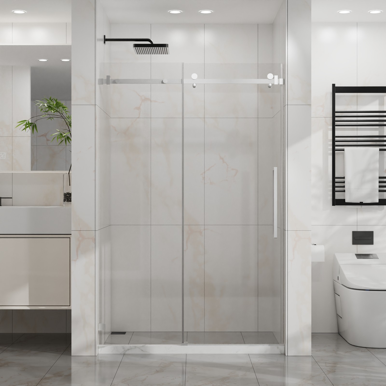 Frameless Shower Door, 48″ W x 72″ H Sleek Silent Sliding Glass Door Chrome