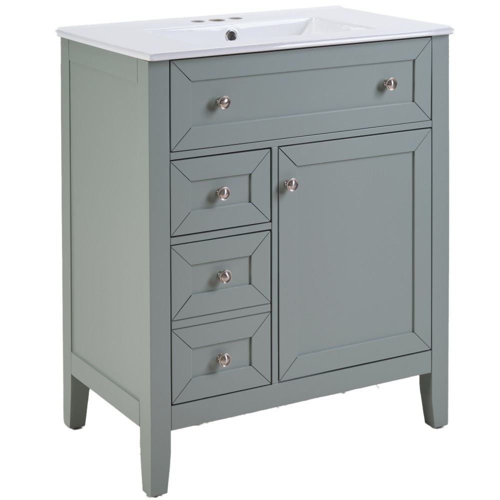 30″ Blue Grey Bathroom Vanity with Ceramic Sink – Soft-Close Drawers