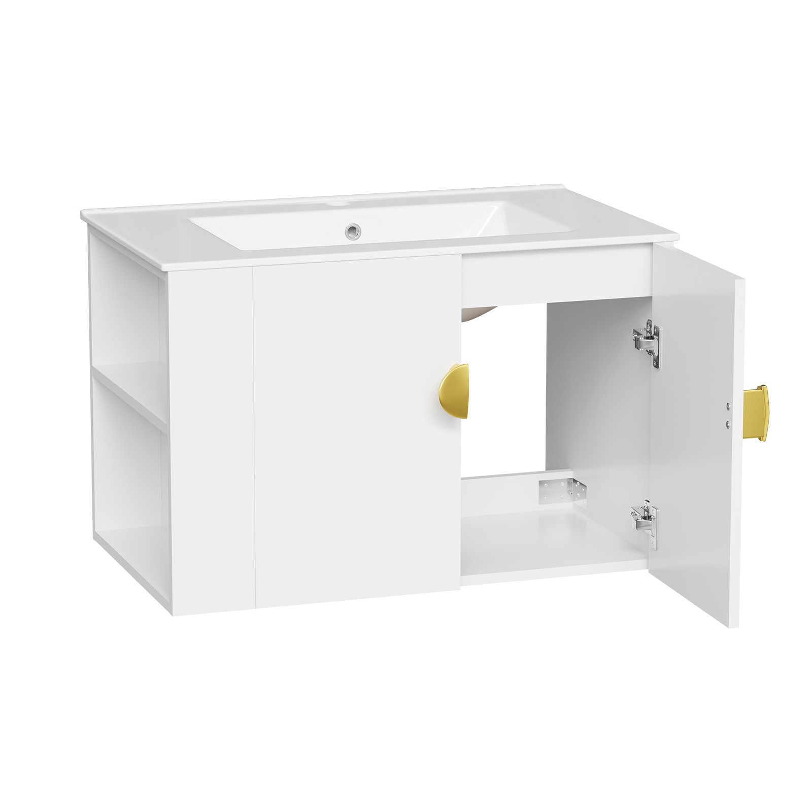 30″ White Bathroom Vanity Wall Mounted Cabinet with Ceramic Sink No Faucet