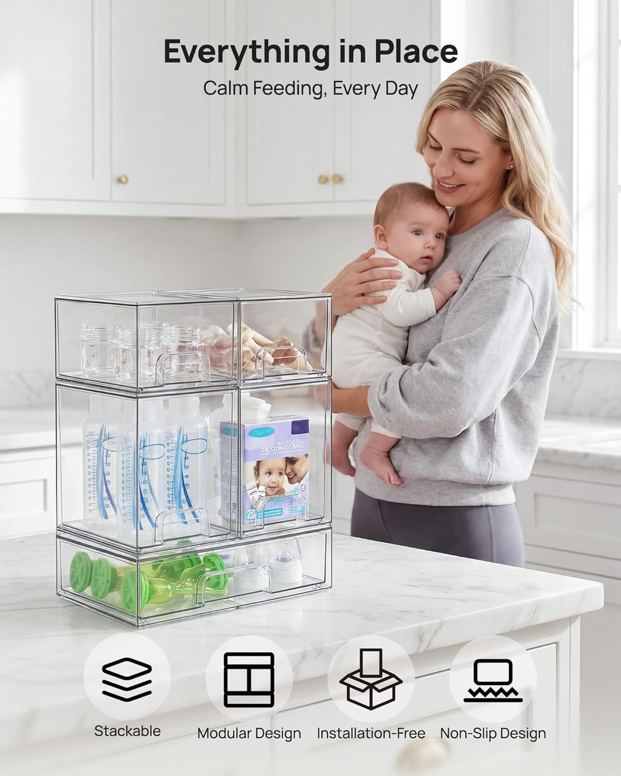 Stackable Storage Drawers Set of 5 Clear Plastic Organizer Bins for Bathroom