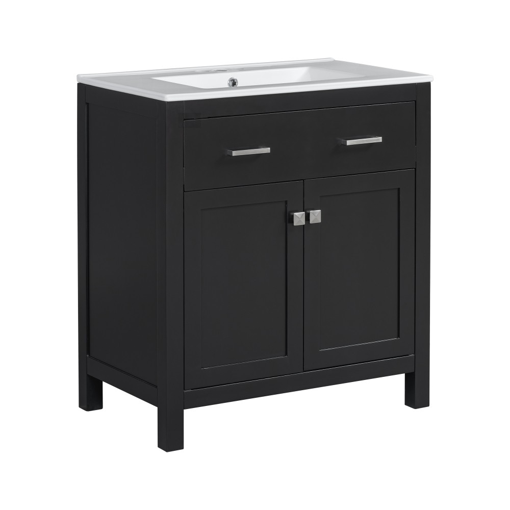 30″ MDF Bathroom Vanity Ceramic Sink Soft Close 2 Doors Adjustable Shelf Storage