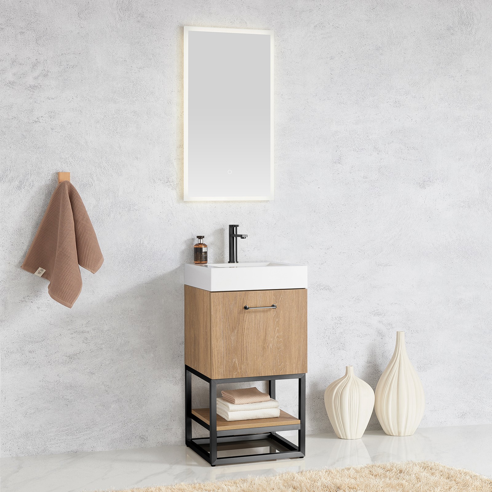 Vinnova Alistair 18″ White Stone Top Oak Single Vanity Black Frame w/o Mirror